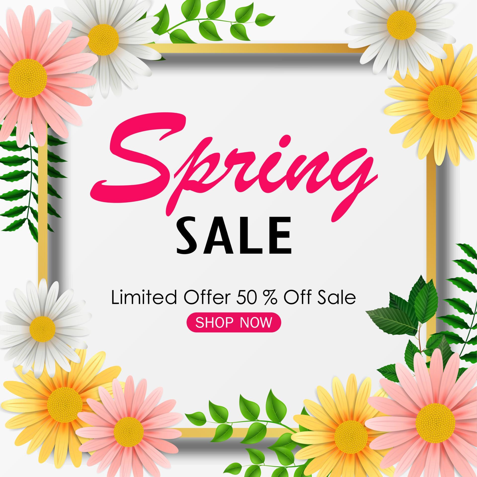 Spring sale background banner with beautiful colorful flower and green leaves Stock Free