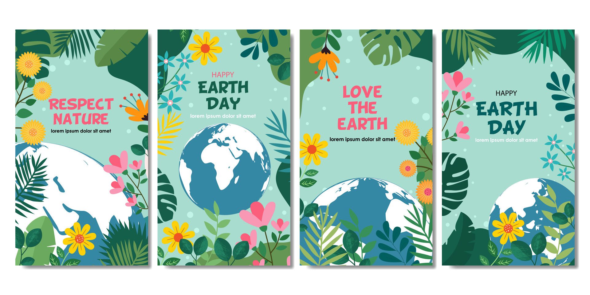 Earth Day collection with planet earth and flowers for social media story, background, banner, cover Free Vector