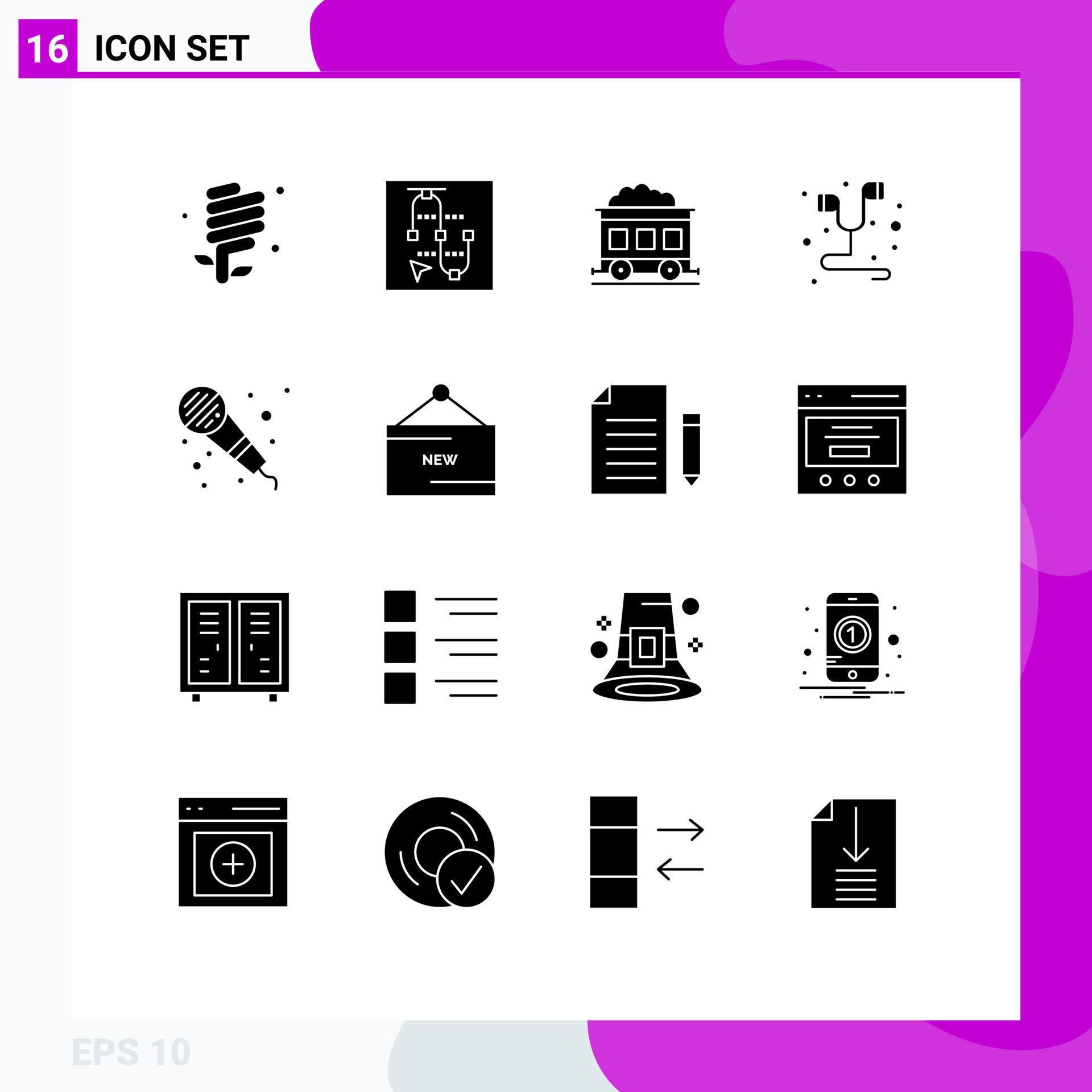 Group of 16 Modern Solid Glyphs Set for mic smartphone arrow music hand free Editable Vector Design Elements Stock Free