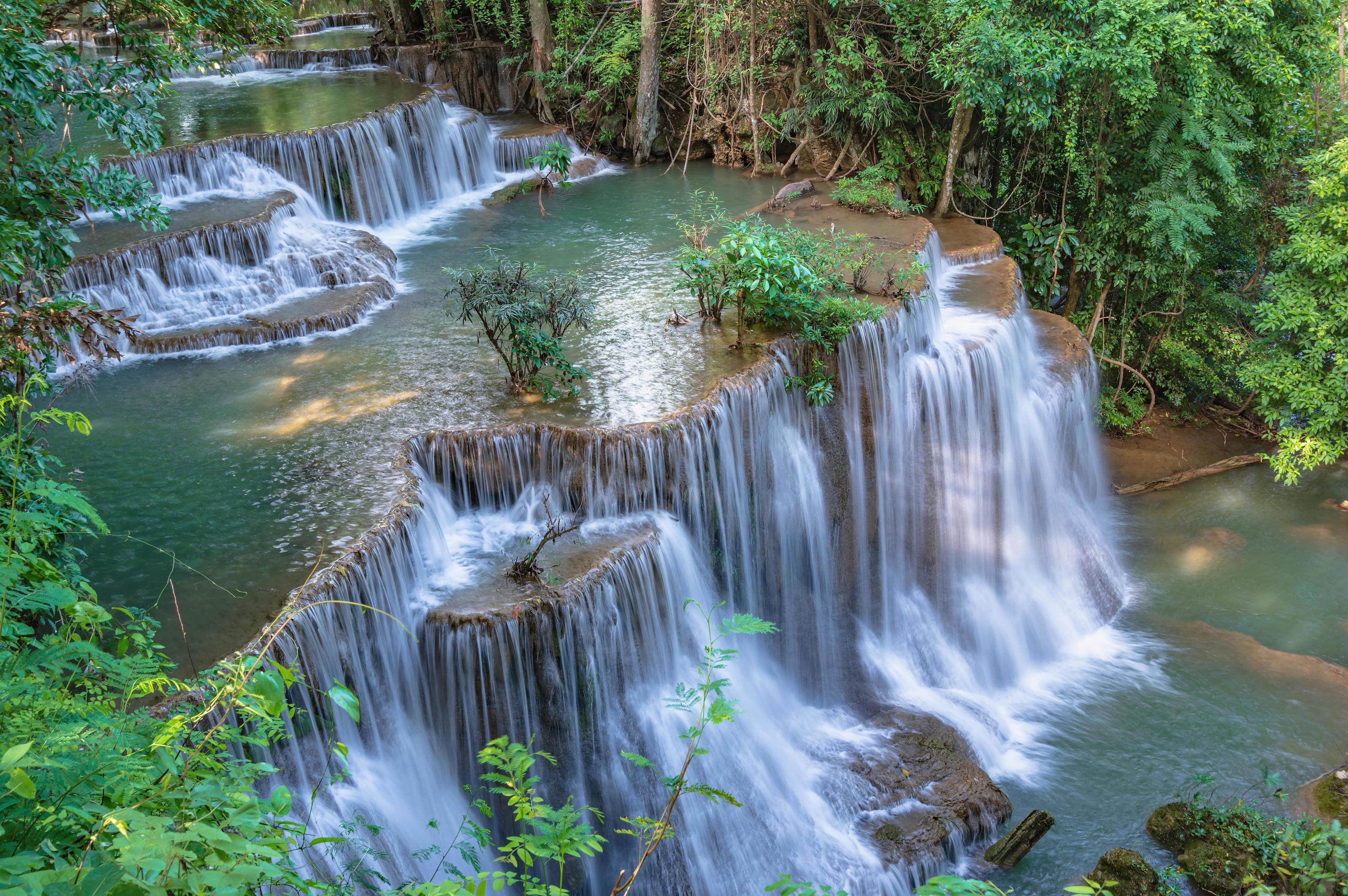 Landscape of Huai mae khamin waterfall Srinakarin national park at Kanchanaburi thailand.Huai mae khamin waterfall fourth floor Chatkaew Stock Free