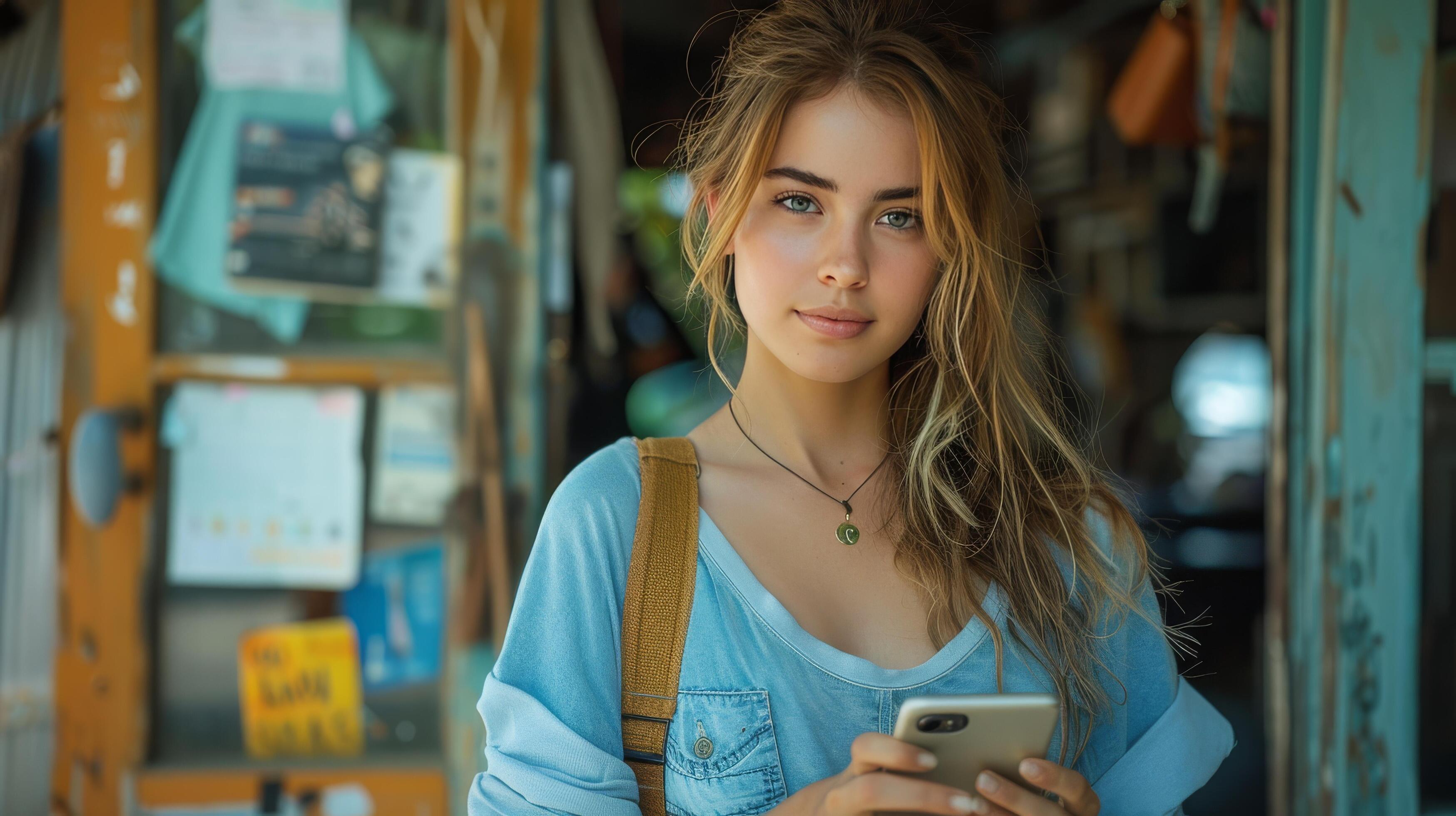 Young Woman Using Smartphone Outside of a Building With a Blue Door Stock Free