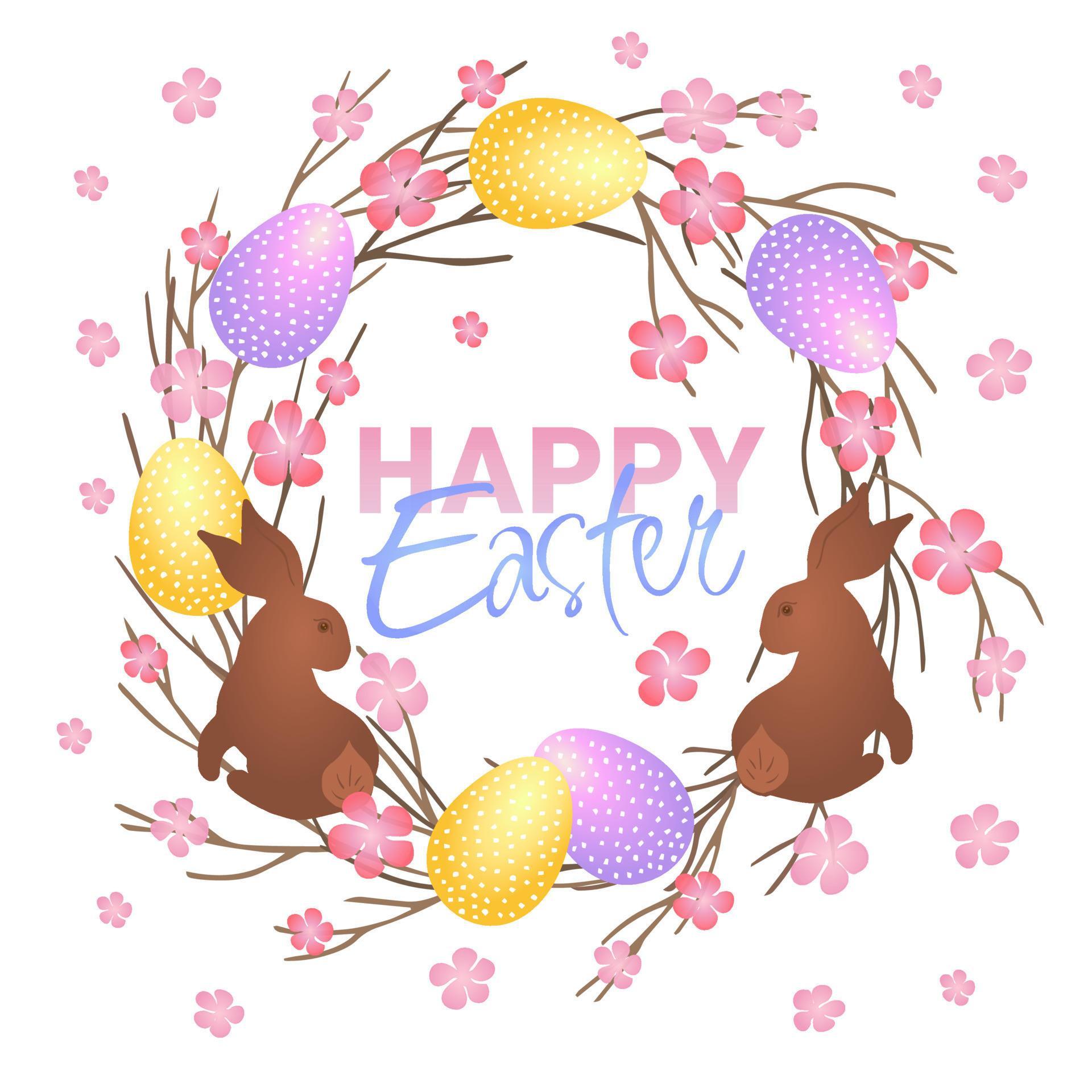 Happy Easter lettering. Easter wreath with Easter eggs, chocolate rabbit, flowers and branches on white background Stock Free