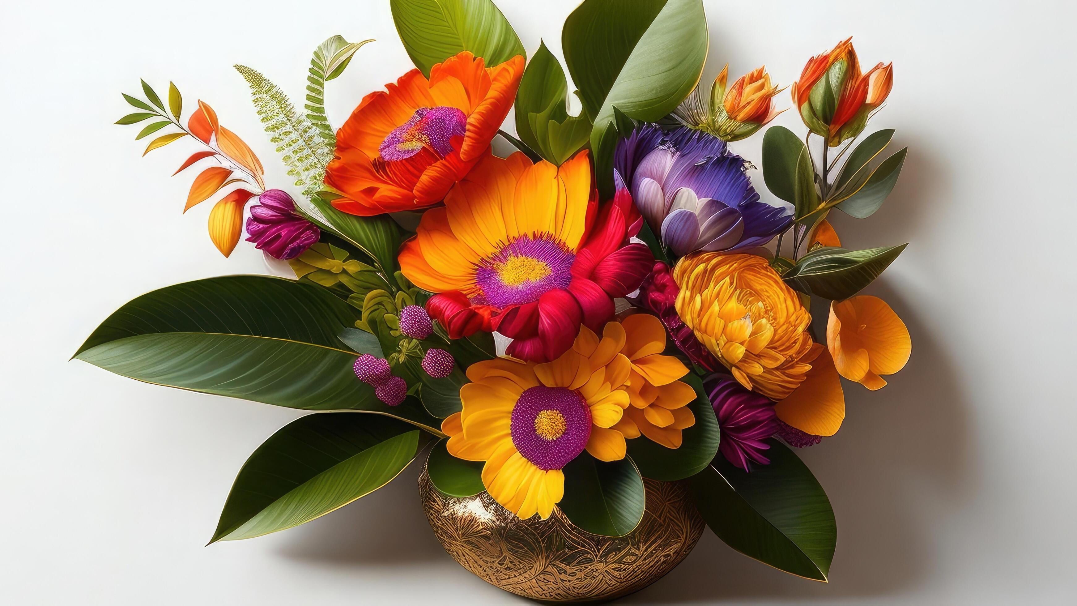 Bouquet of colorful flowers in a vase on white background. Stock Free