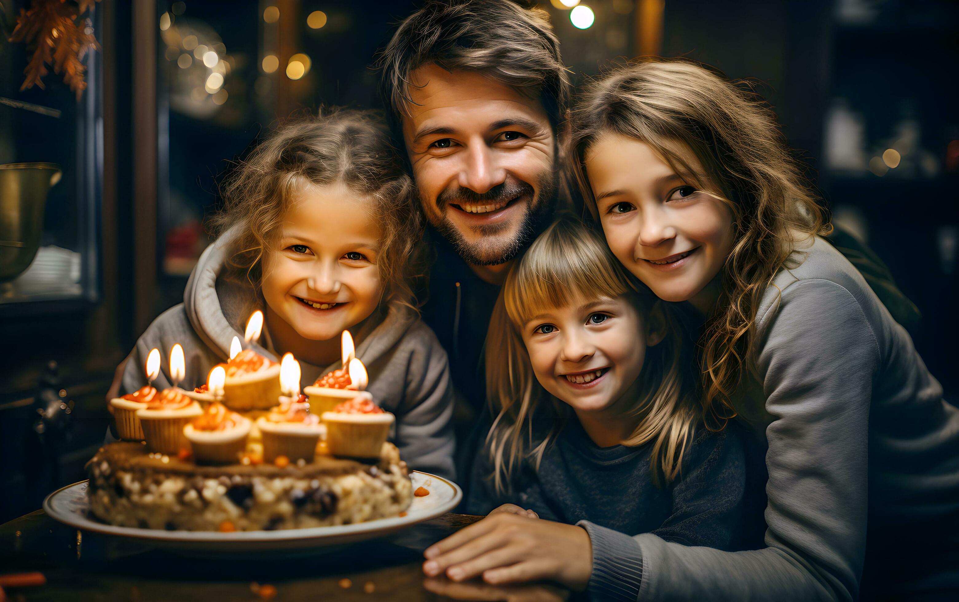 Father and mother with kids daughters baby are happy for cake birthday. Happiness of family love. AI Generated Stock Free