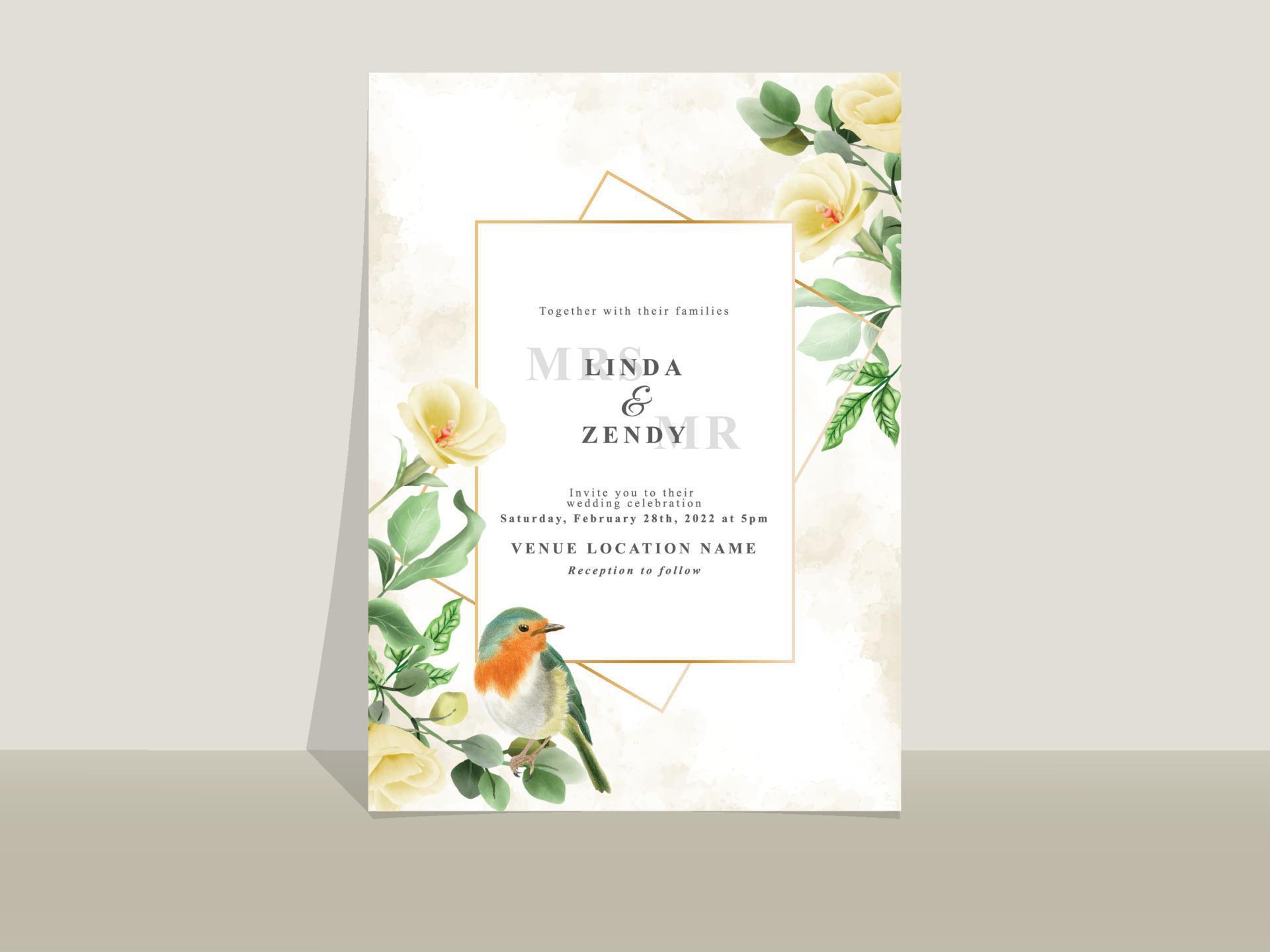 Wedding invitation card template yellow flowers theme Stock Free