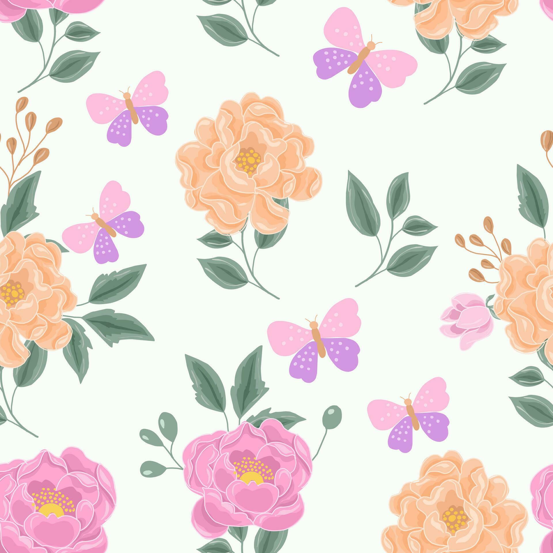 Hand Drawn Pastel Rose and Anemone Flower Seamless Pattern Stock Free