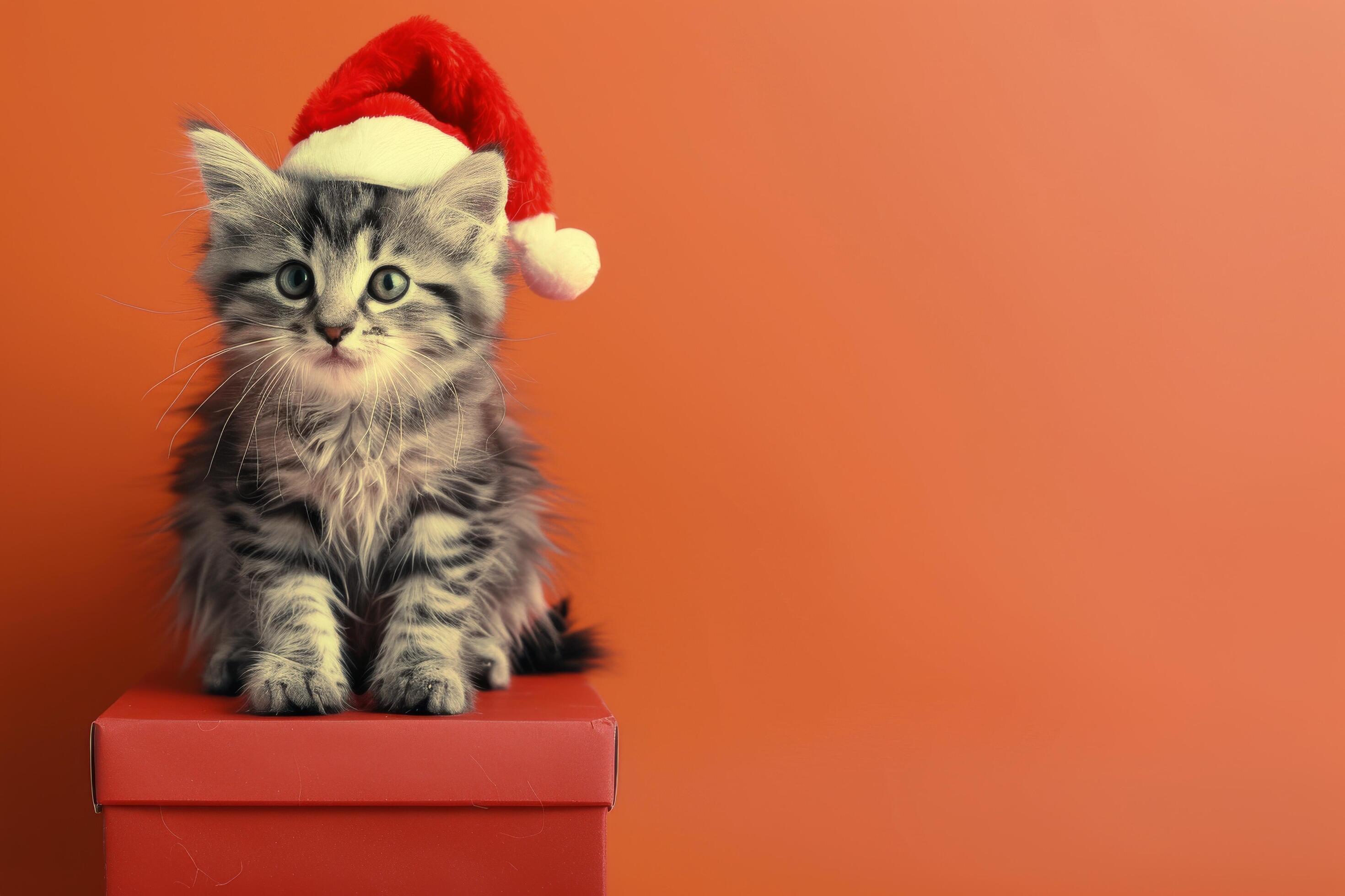 Adorable Kitten Wearing Santa Hat Sitting on Red Gift Box Against Orange Background Stock Free