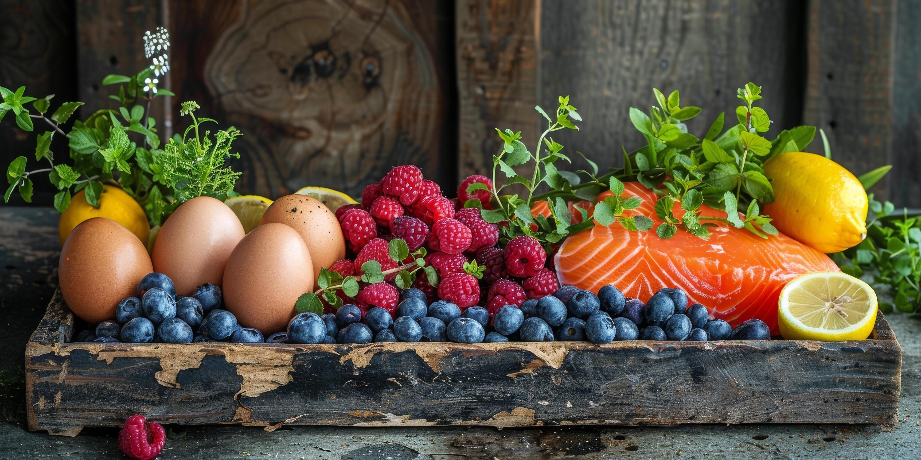 Fresh Salmon, Lemons, Blueberries, Raspberries, and Eggs in a Wooden Tray Stock Free