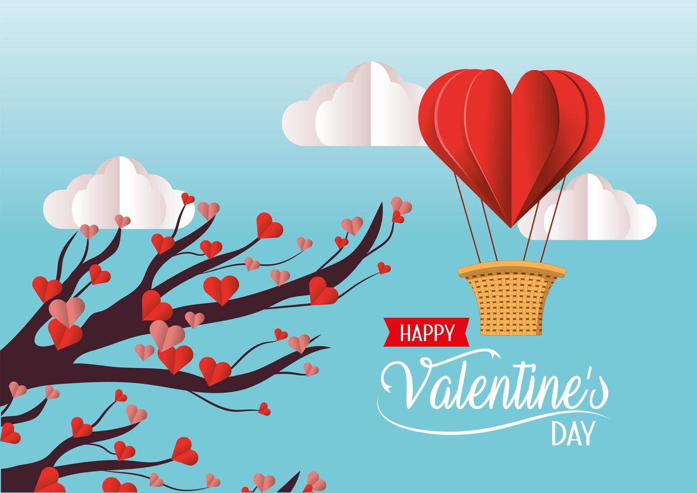 Tree with valentine hearts flowers and air balloon Stock Free