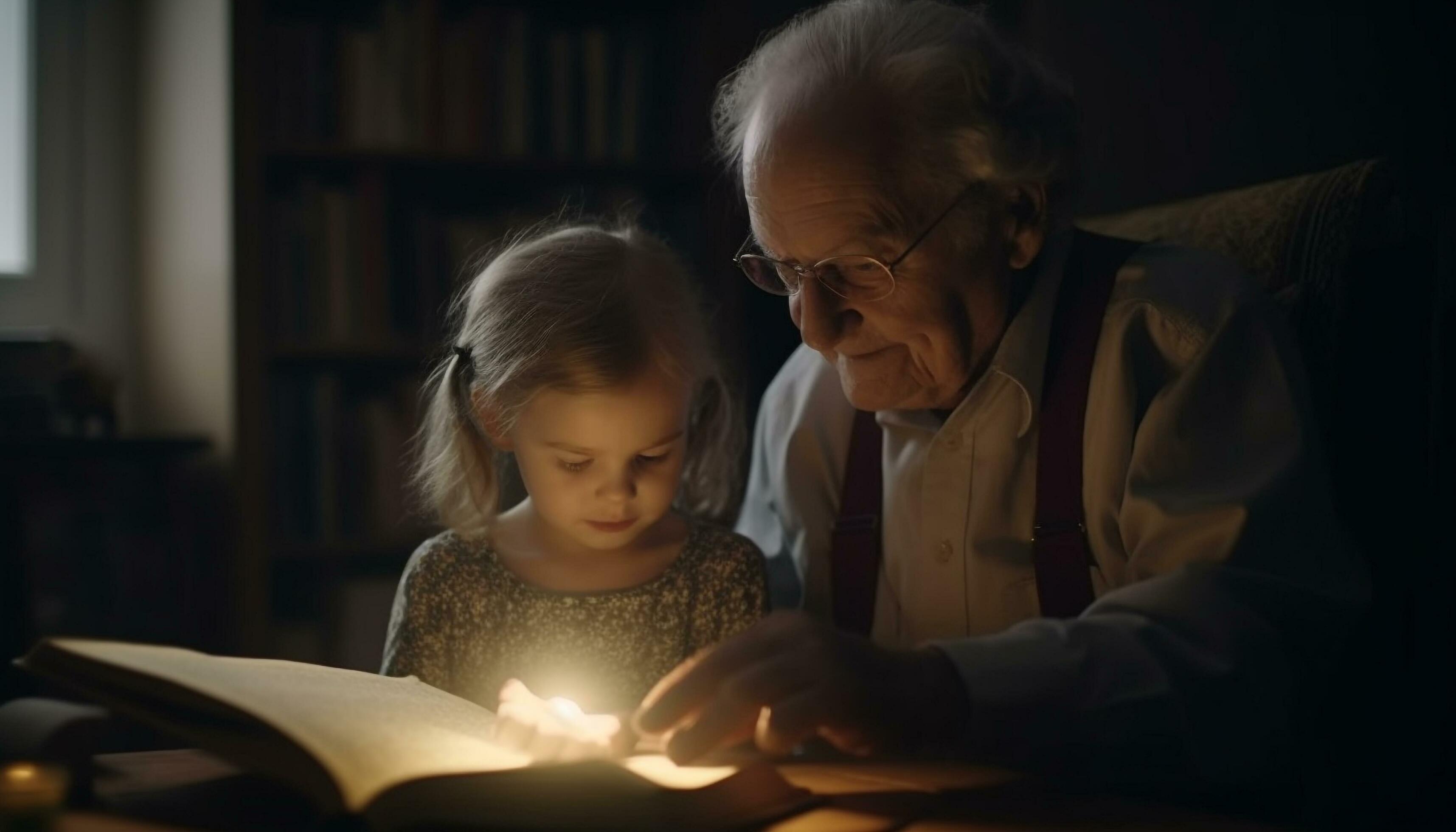 Grandfather and granddaughter bonding over book, learning indoors with family generative AI Stock Free