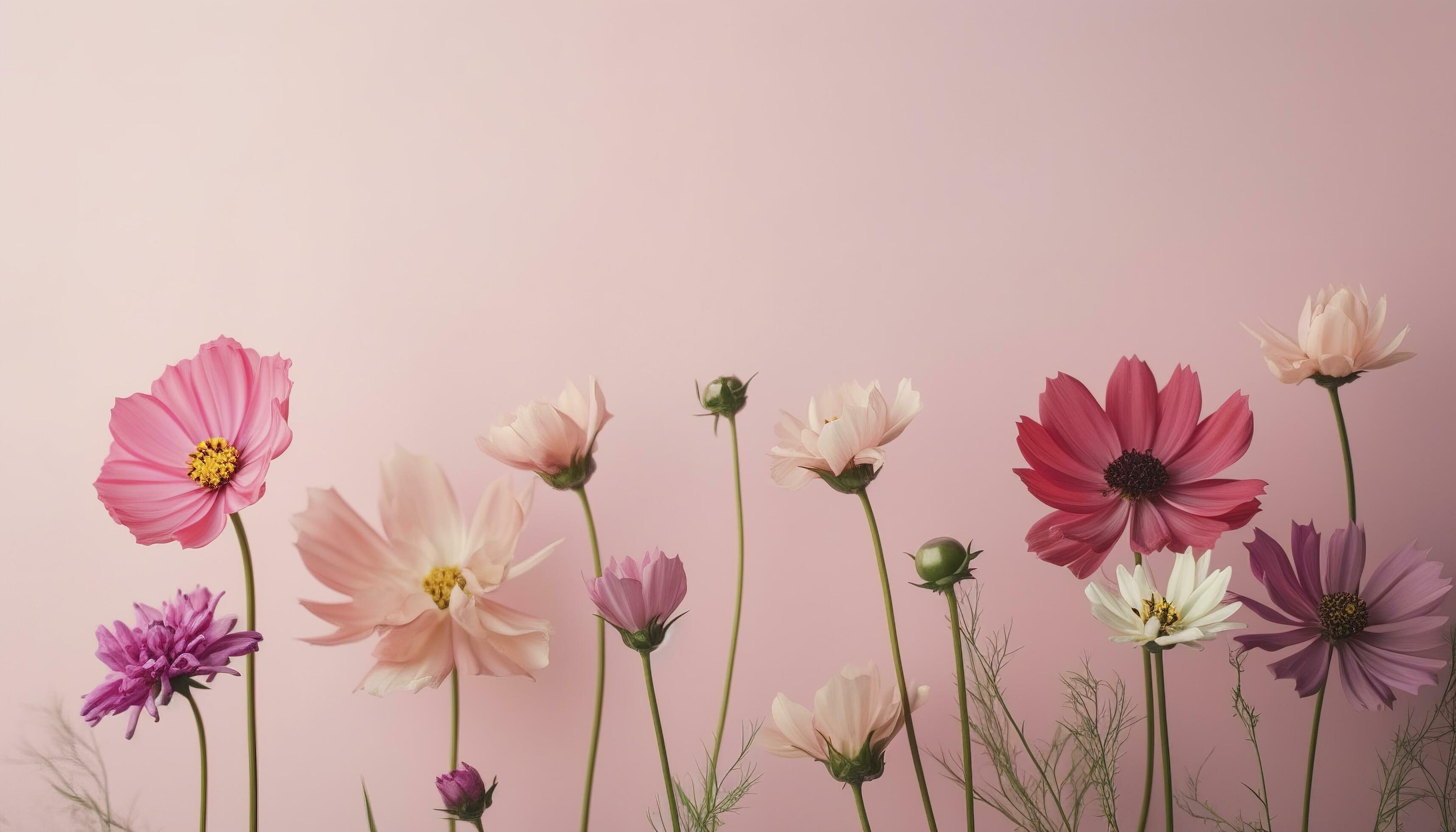 Top view image of pink flowers composition over pastel background , generate ai Stock Free