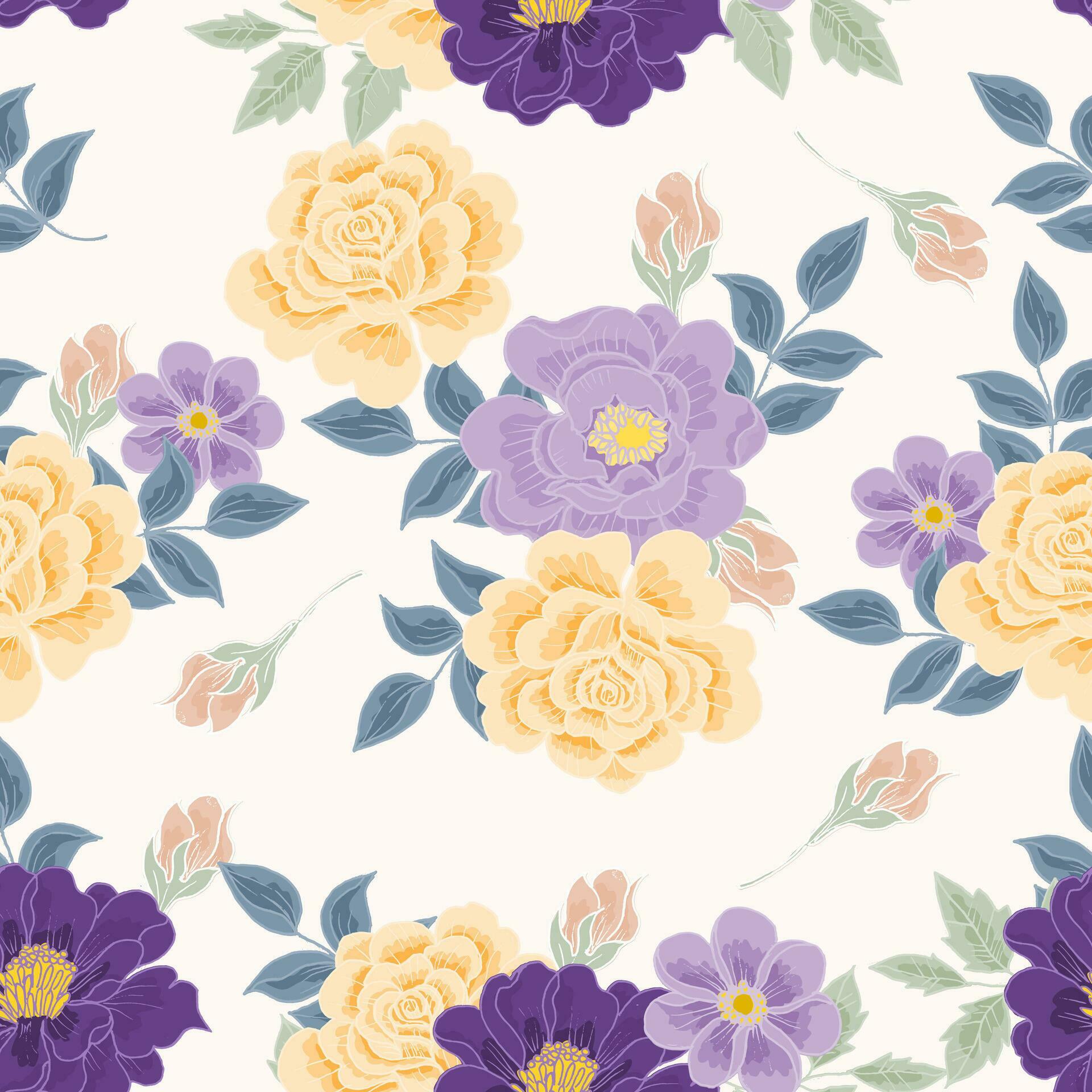 Hand Drawn Purple and Yellow Rose Flower Seamless Pattern Stock Free and Free SVG