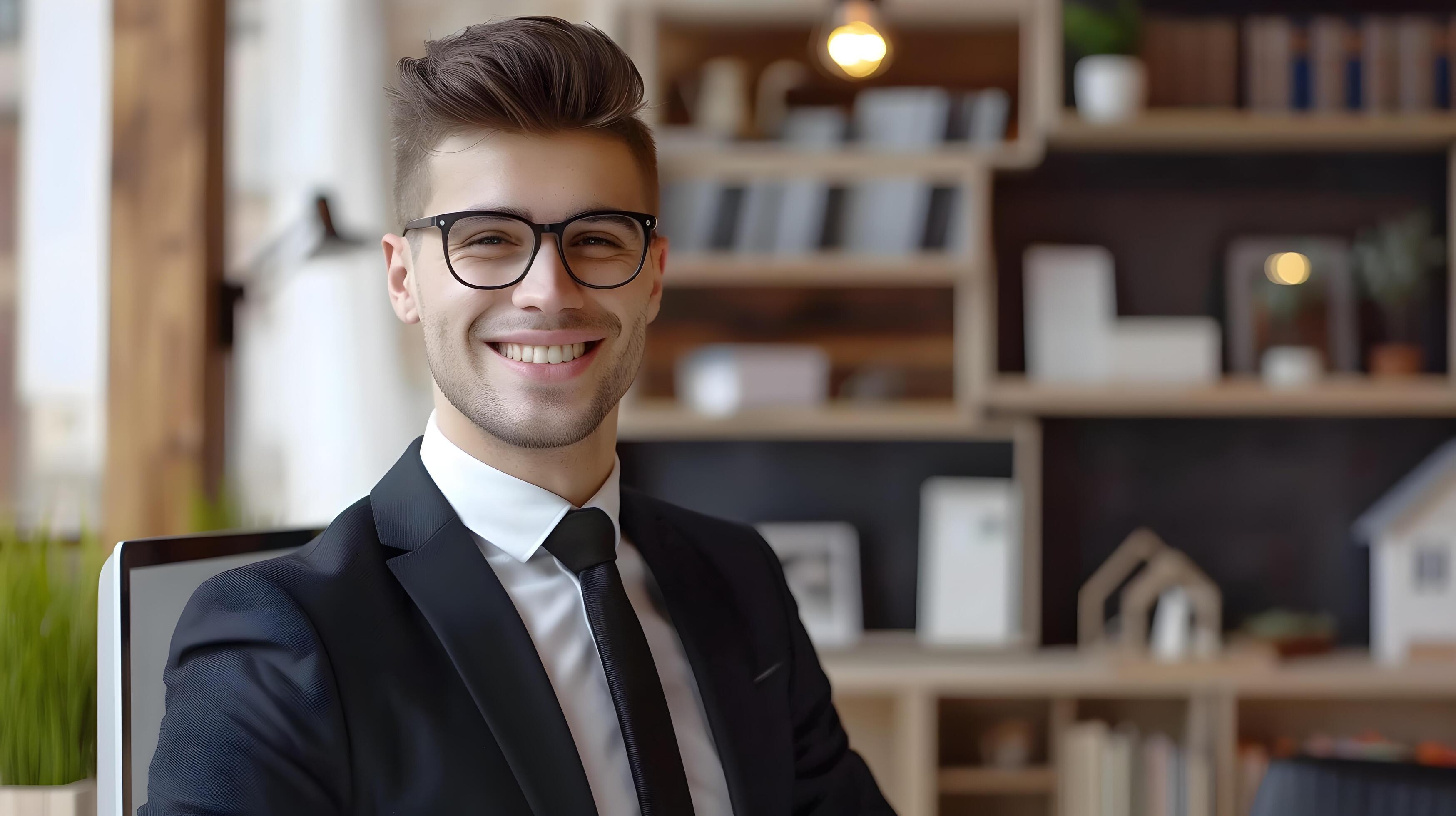 Confident Young Businessman Smiling in Modern Office with Shelves and Decor Stock Free