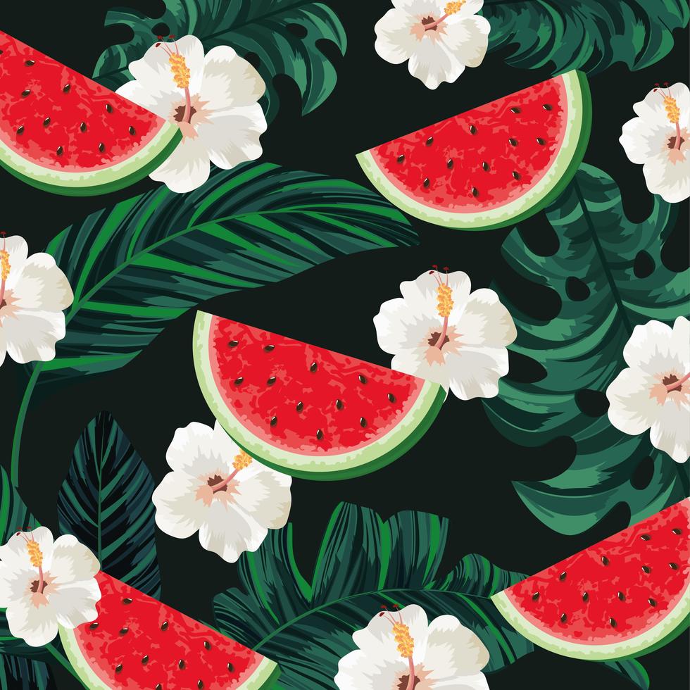 Tropical watermelon with flowers and leaves background Stock Free