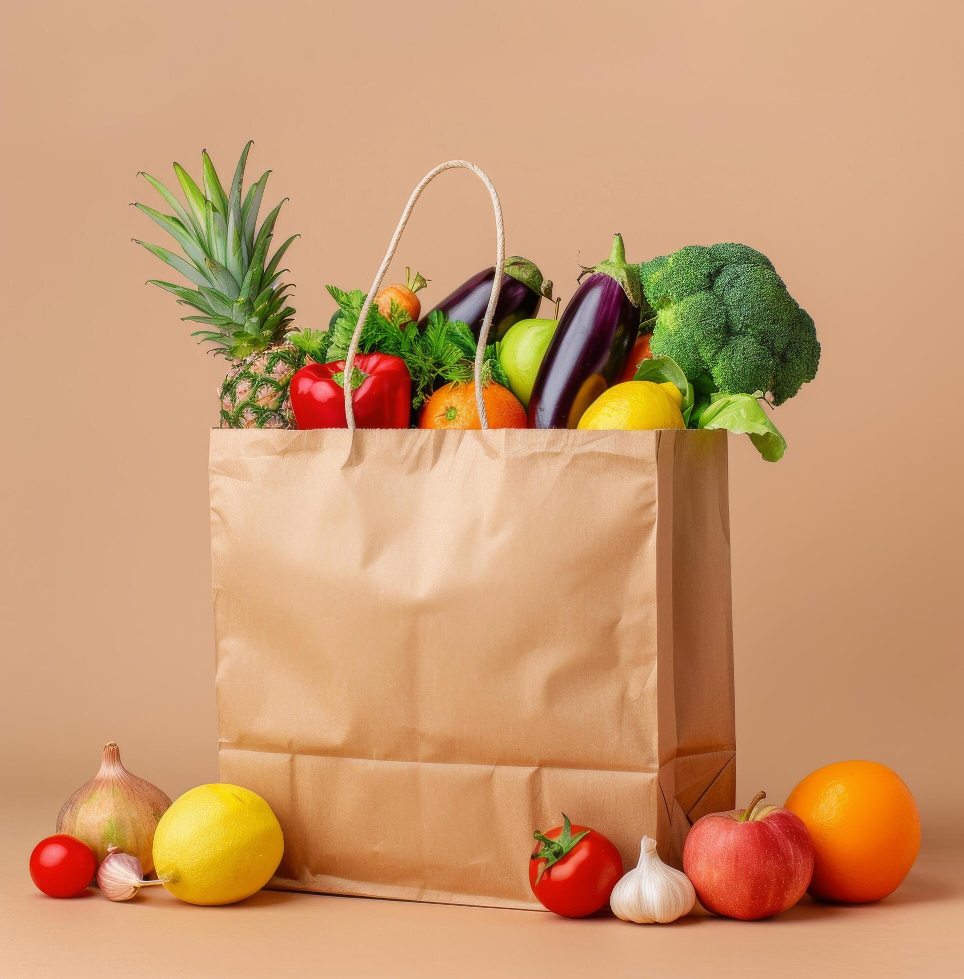 Fresh Produce Bag Filled With Colorful Fruits and Vegetables on Light Brown Background Stock Free