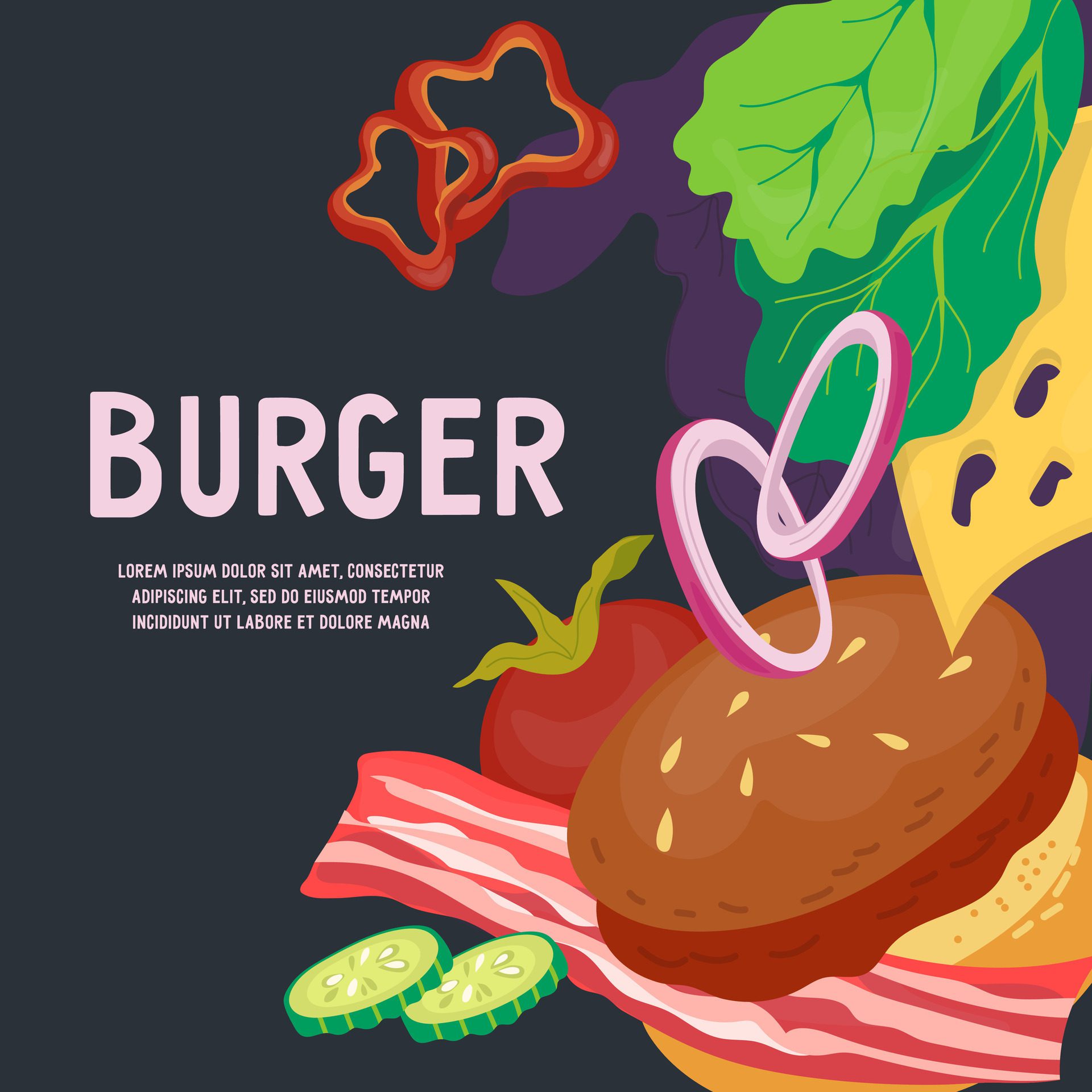 Banner or poster template with burger and food ingredients. Meat and vegetables for hamburger preparing in menu cover or card design. Free Vector