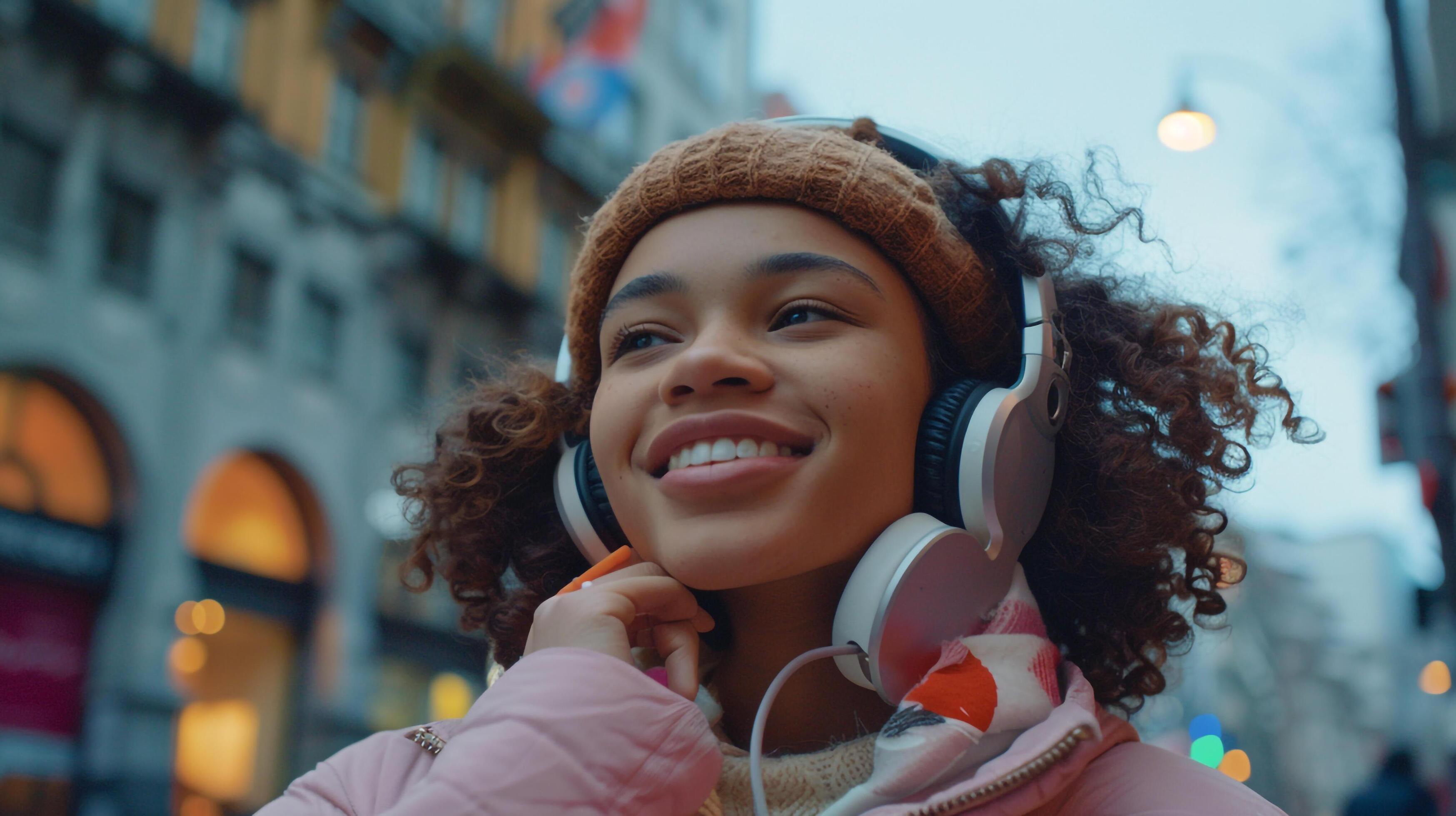 Happy woman in pink jacket using headphones and phone Stock Free