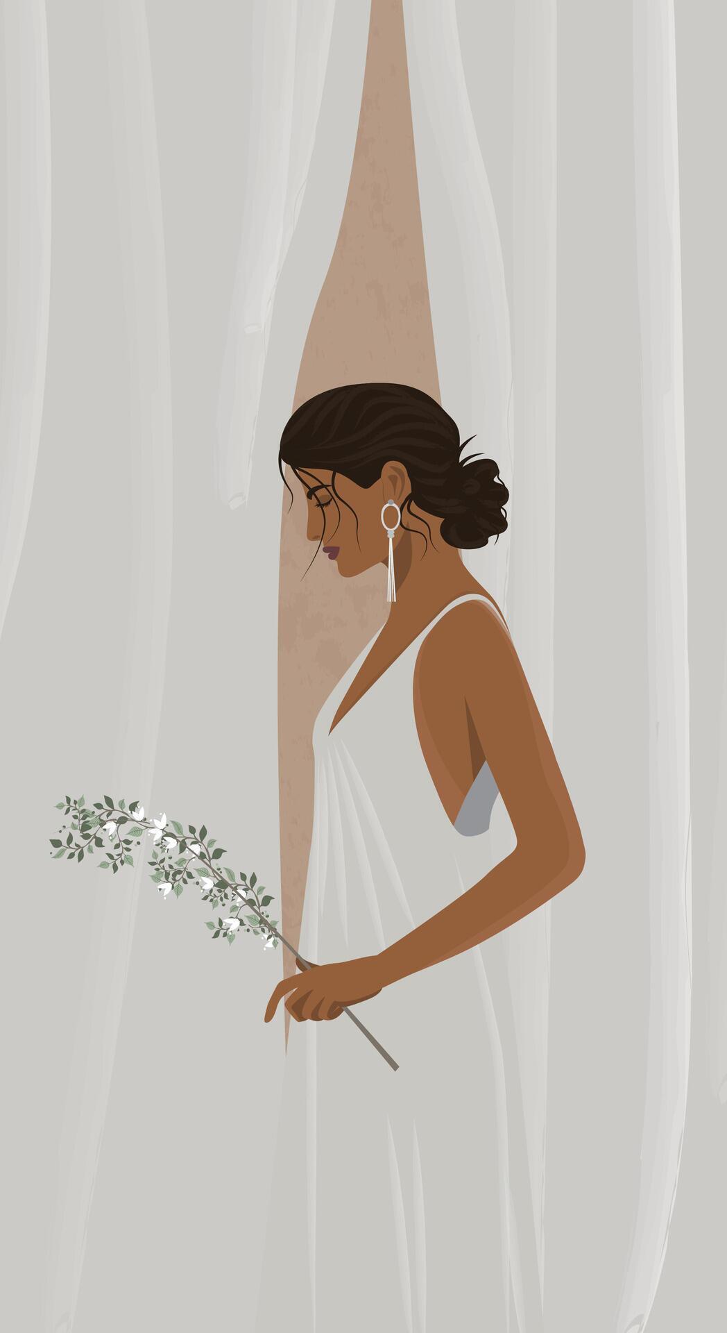 Vector illustration of a portrait of a beautiful tanned girl woman bride in a white model dress posing with a flower in her hands Stock Free