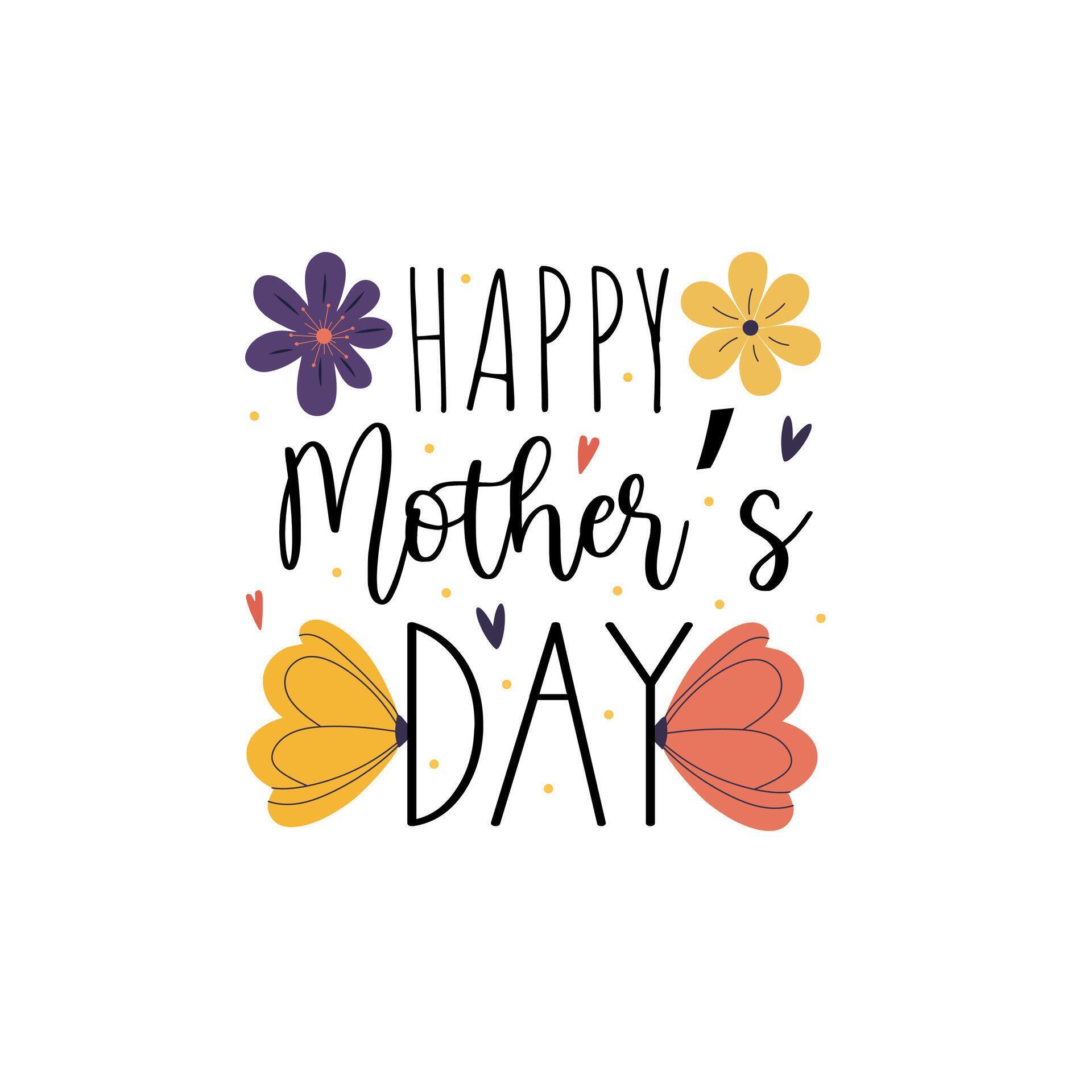 Happy mother’s day. Greeting card design with flower and lettering on white background. Colorful doodle holiday design. Stock Free