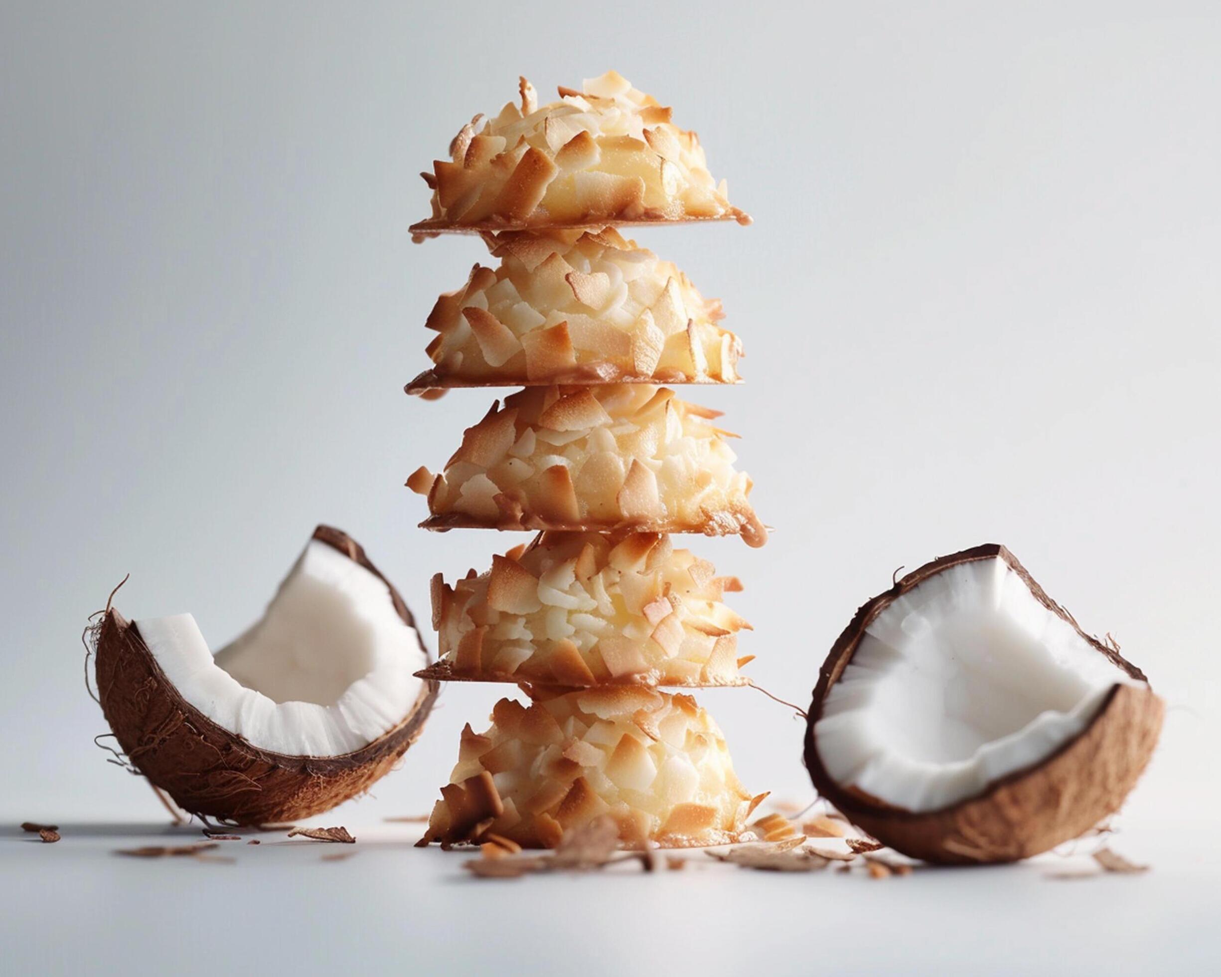 a stack of coconut cookies with half eaten coconut Stock Free