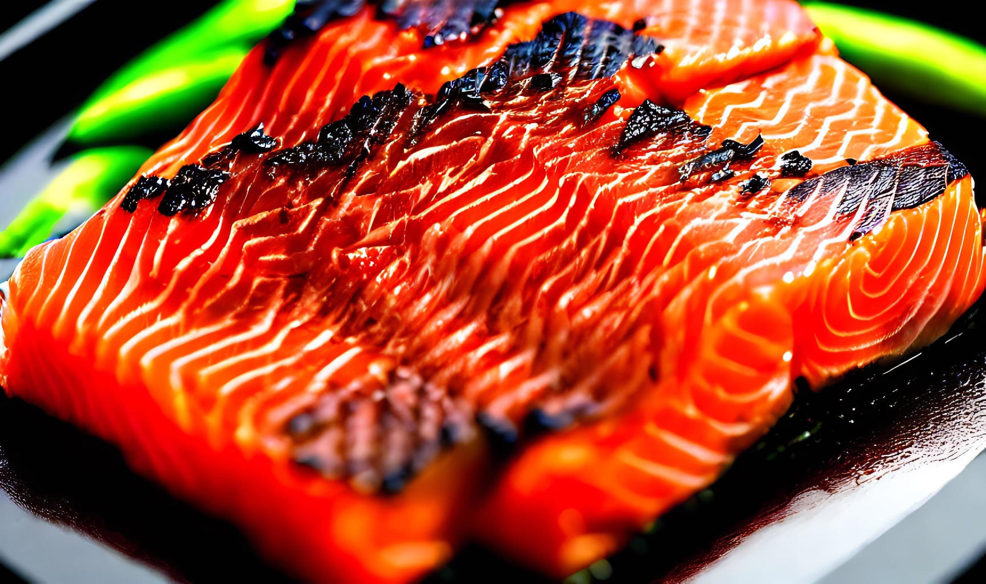 Grilled salmon. Healthy food baked salmon. Hot fish dish. Stock Free