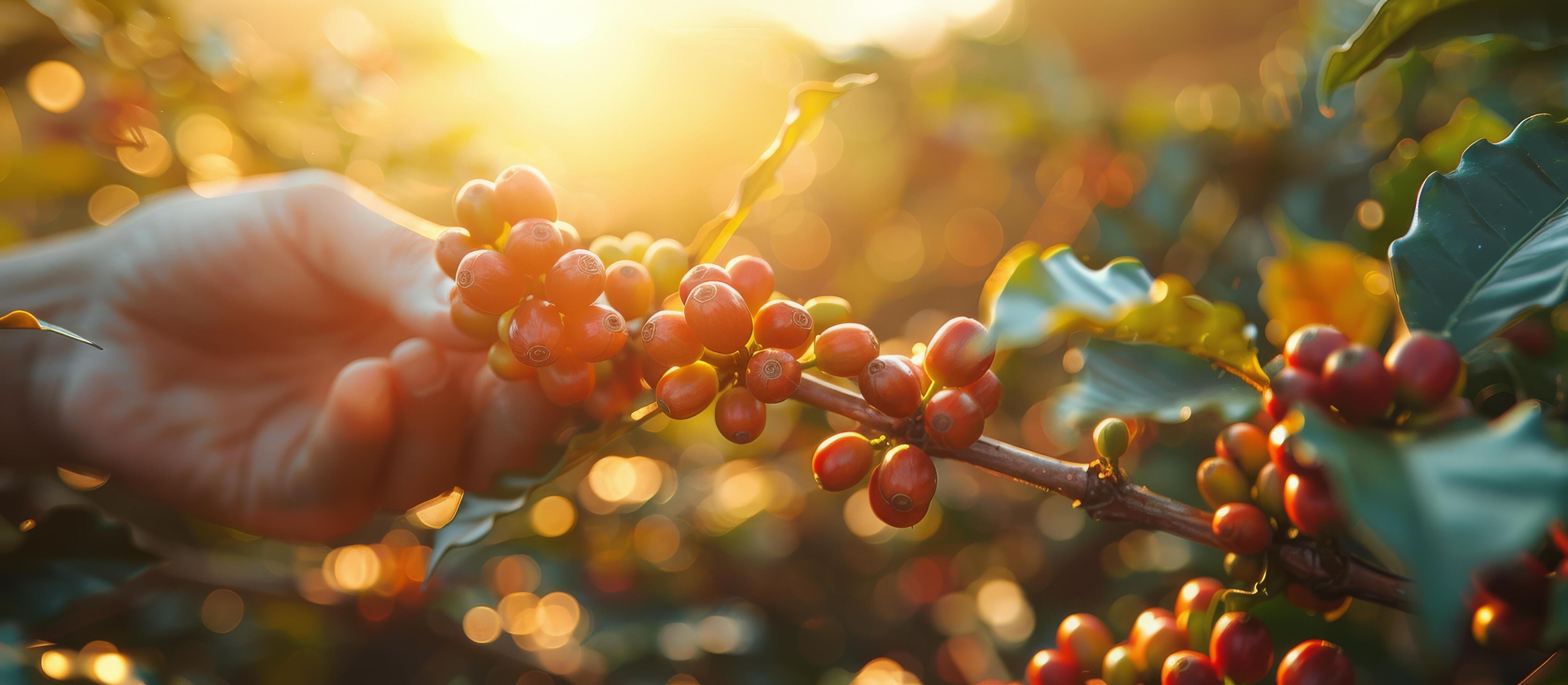 Hand Picking Ripe Coffee Beans From a Branch in a Lush Plantation at Sunset Stock Free