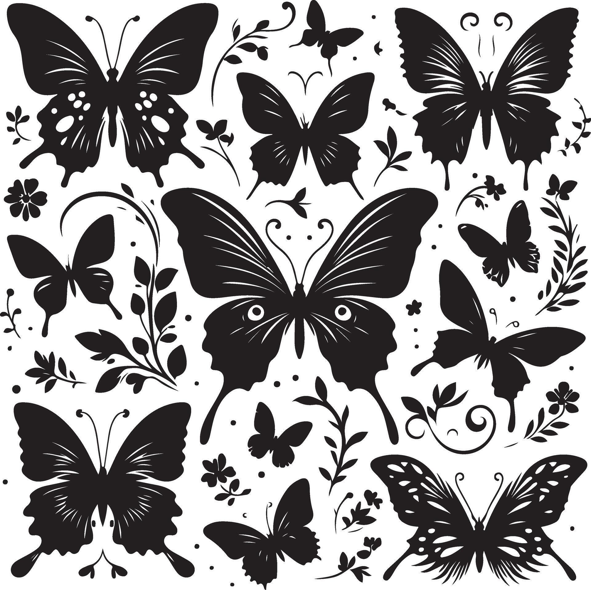 Butterflies and flowers, pattern with butterflies, set of butterflies, Flying butterflies silhouette black set isolated on white background Stock Free