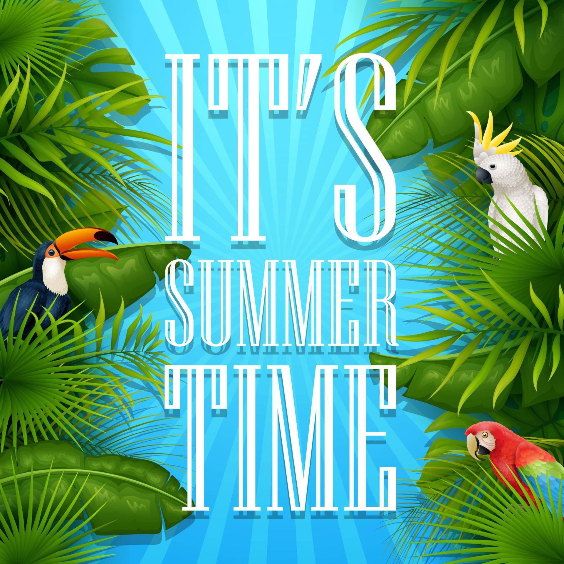 It’s summer time typography wooden background with tropical plants, flowers, palm leaves, parrot and cockatoo Stock Free