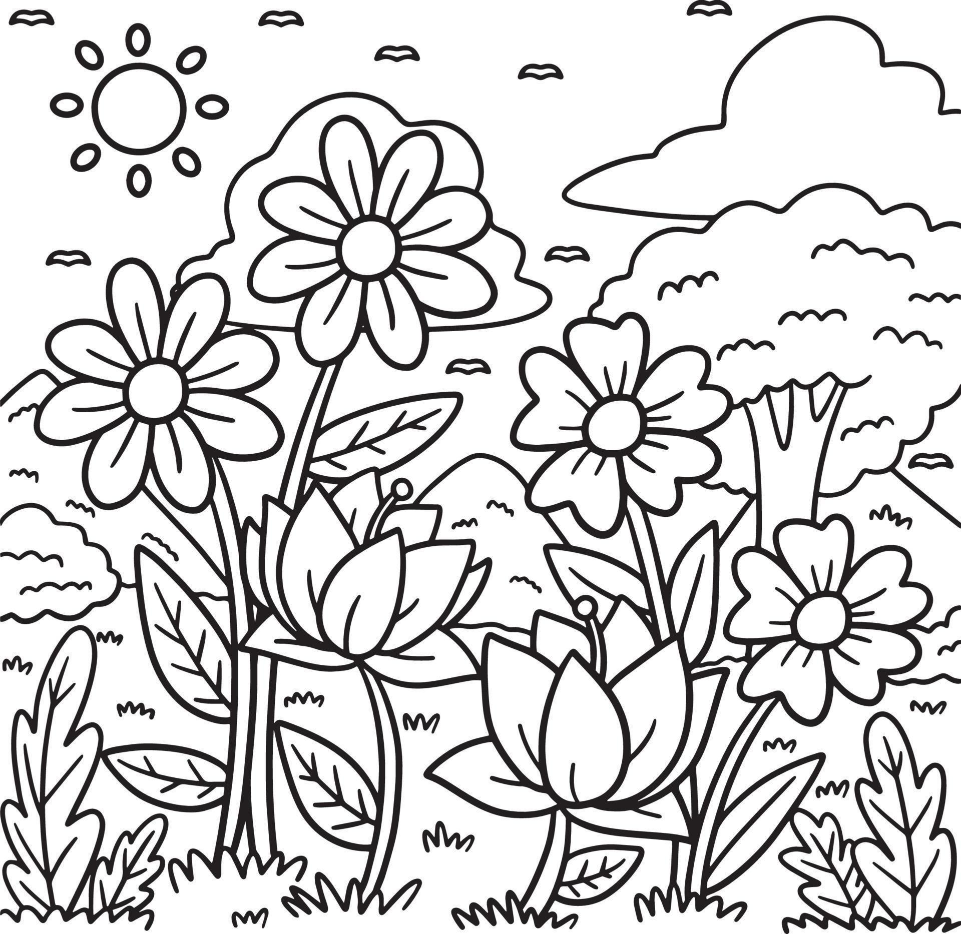 Spring Flowers In A field Coloring Page for Kids Stock Free