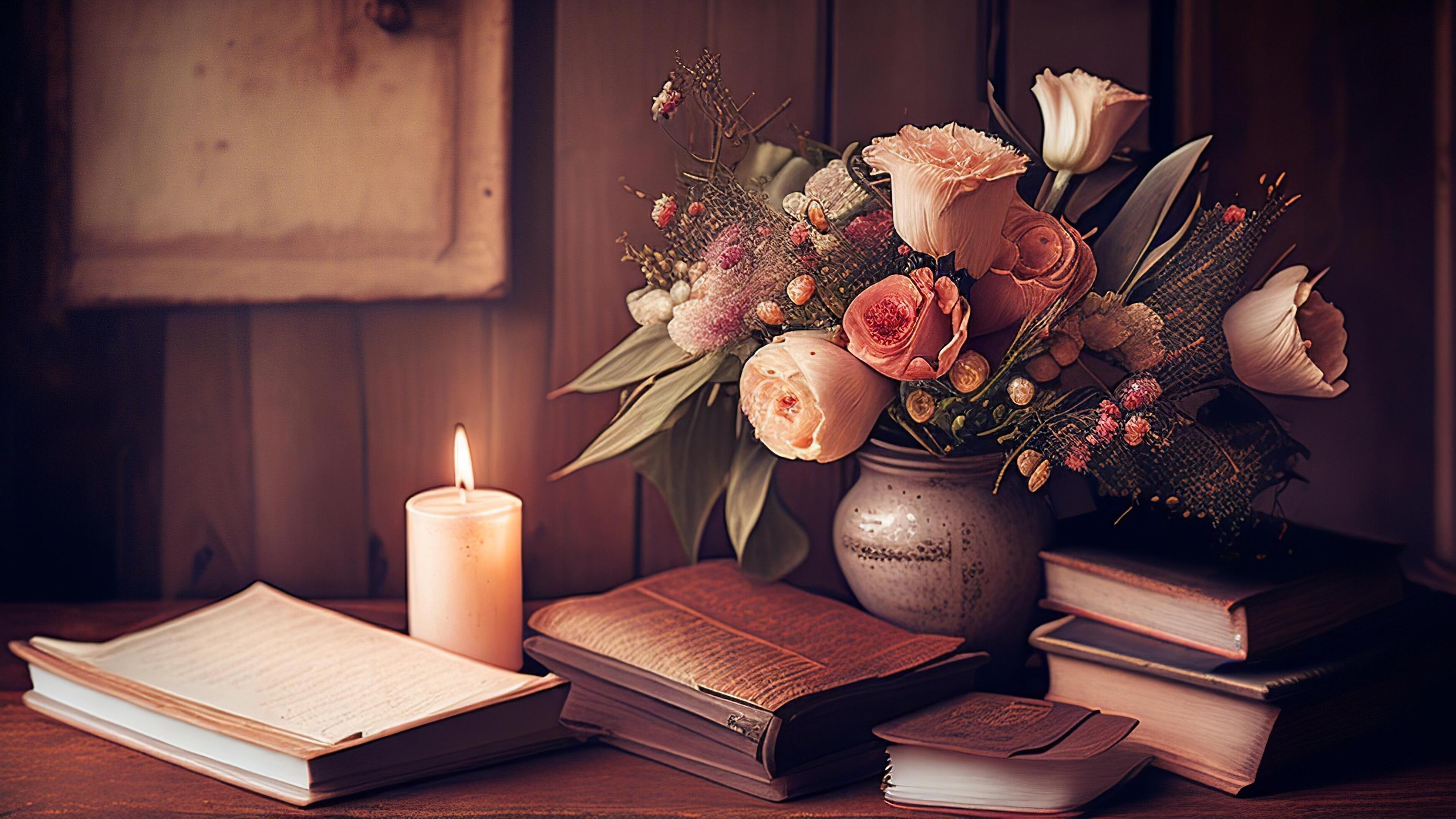 Still life with books, flowers and candles on a wooden background. Stock Free