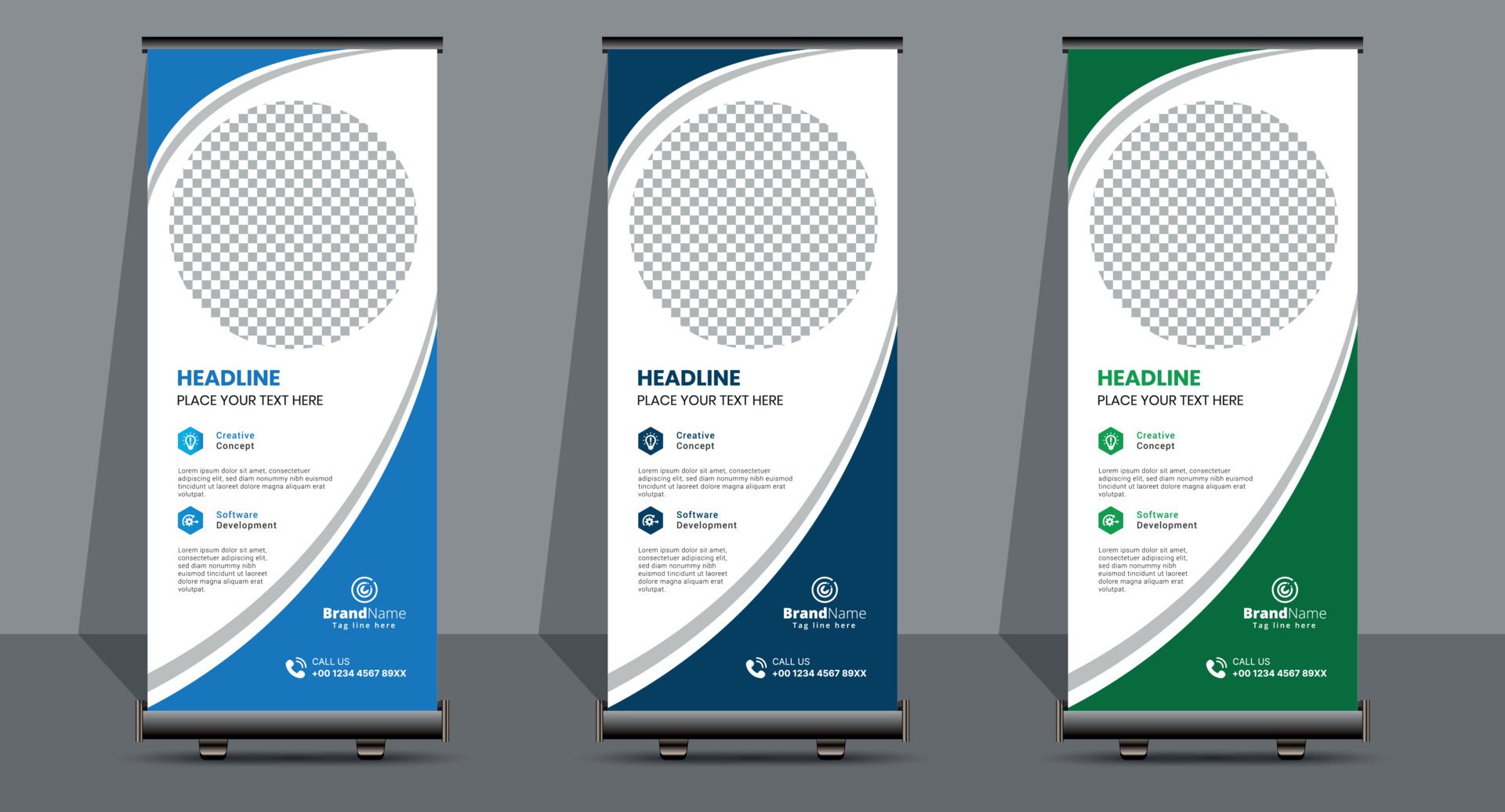 Creative Business Roll Up Signage Banner Template Design. Free Vector