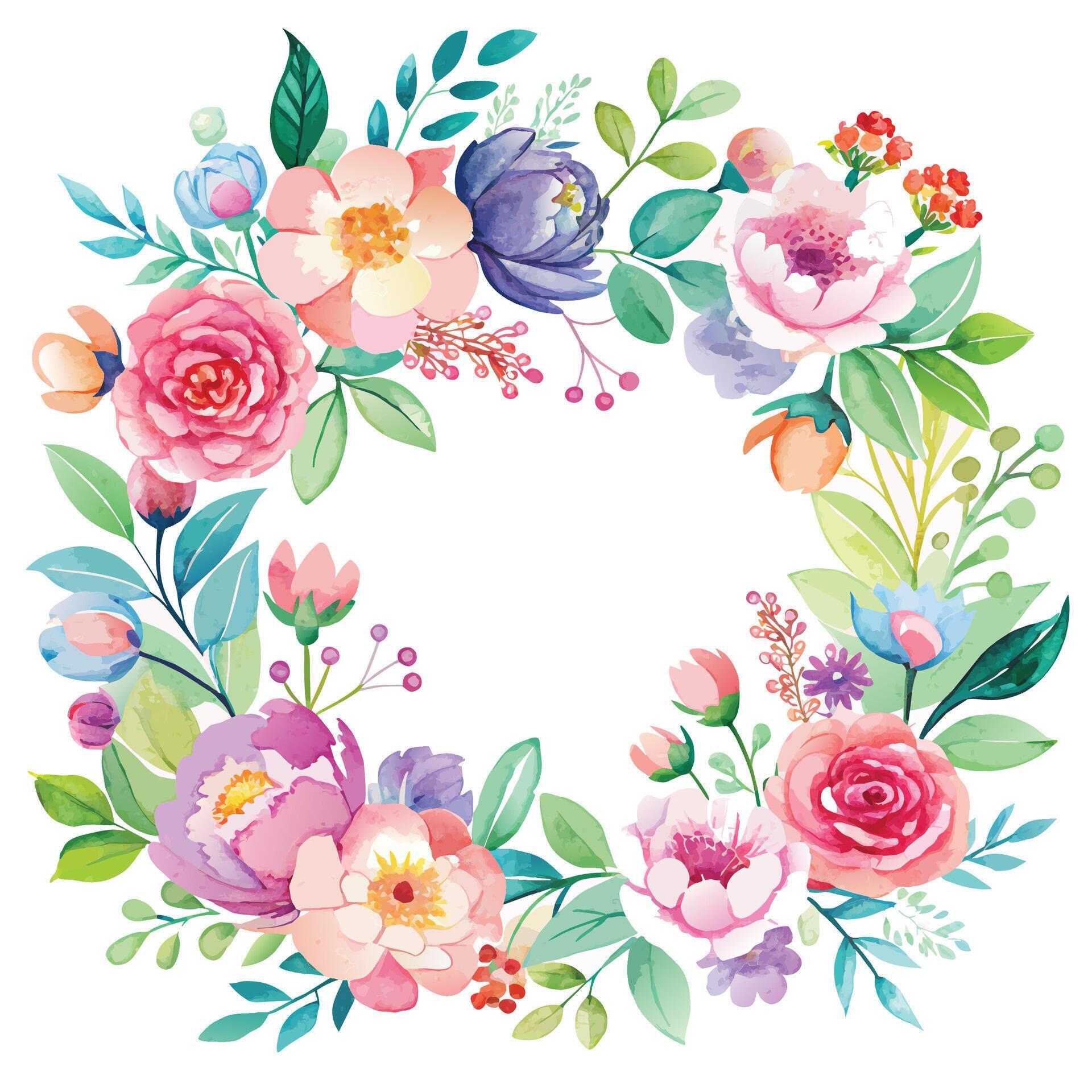 Watercolor floral wreath with flowers and leaves. Hand drawn vector illustration. Stock Free