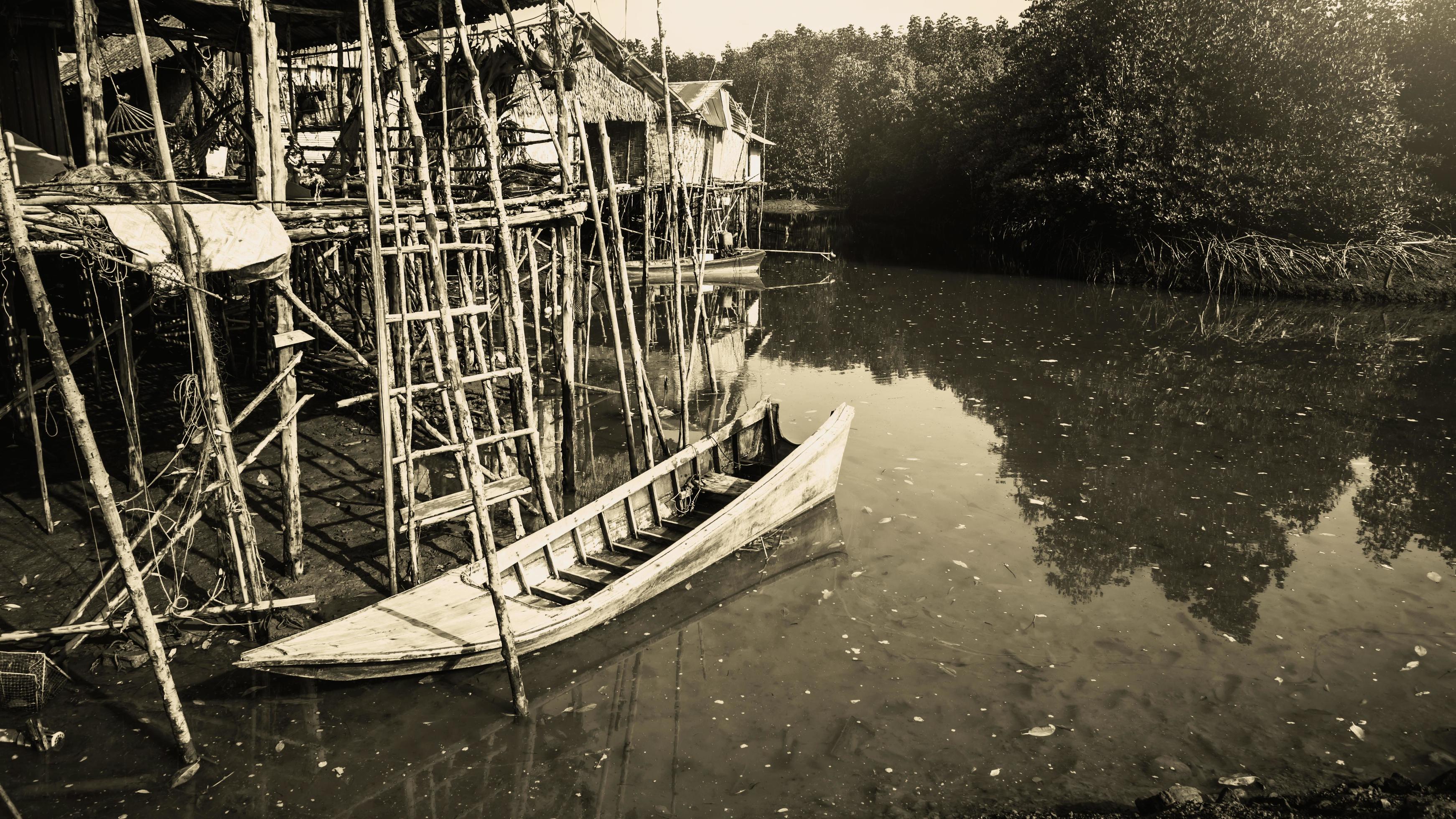 background landscape. The fishing village life style black and white picture. Stock Free