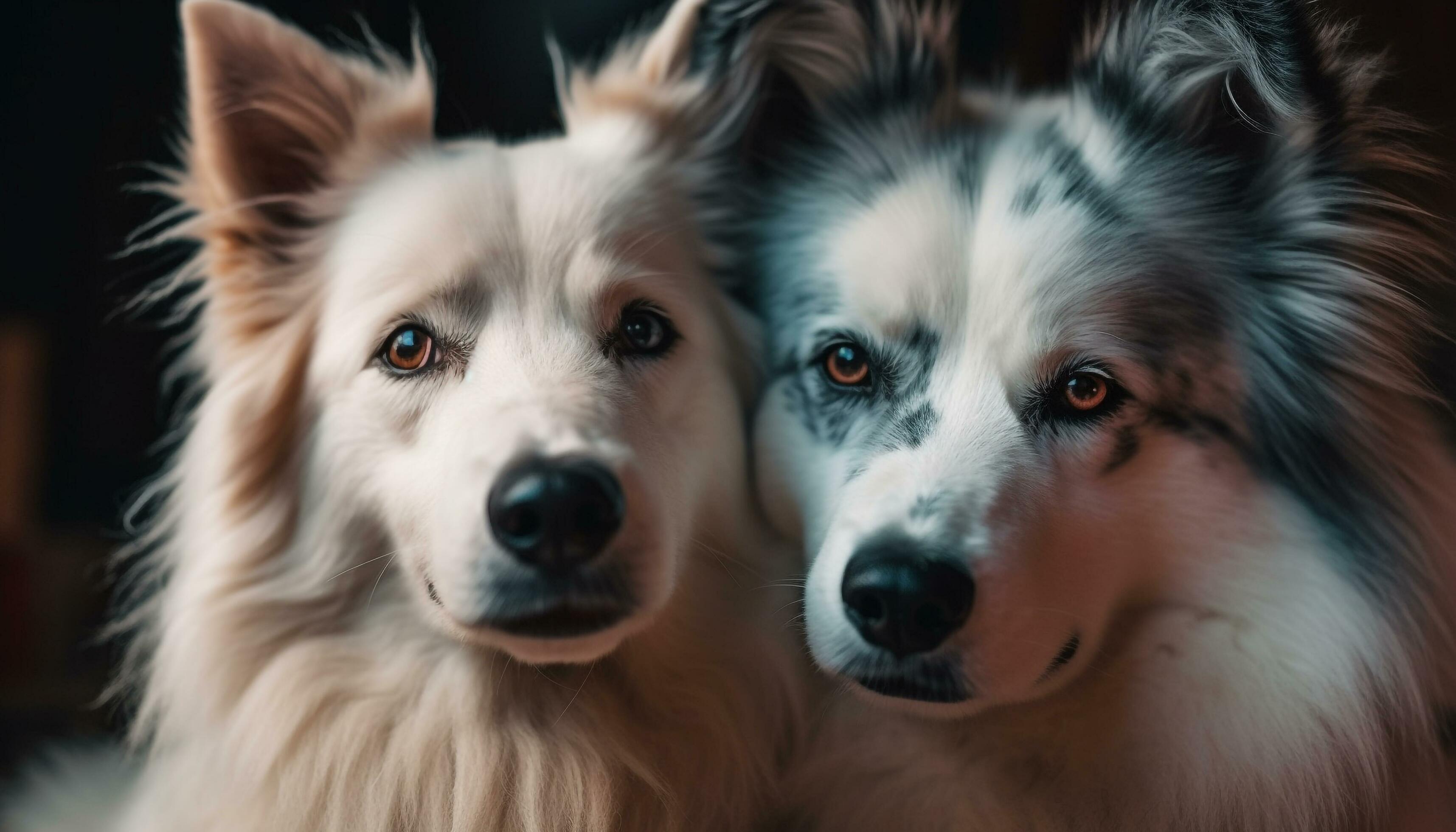 Three fluffy canines pose for a family portrait indoors generative AI Stock Free