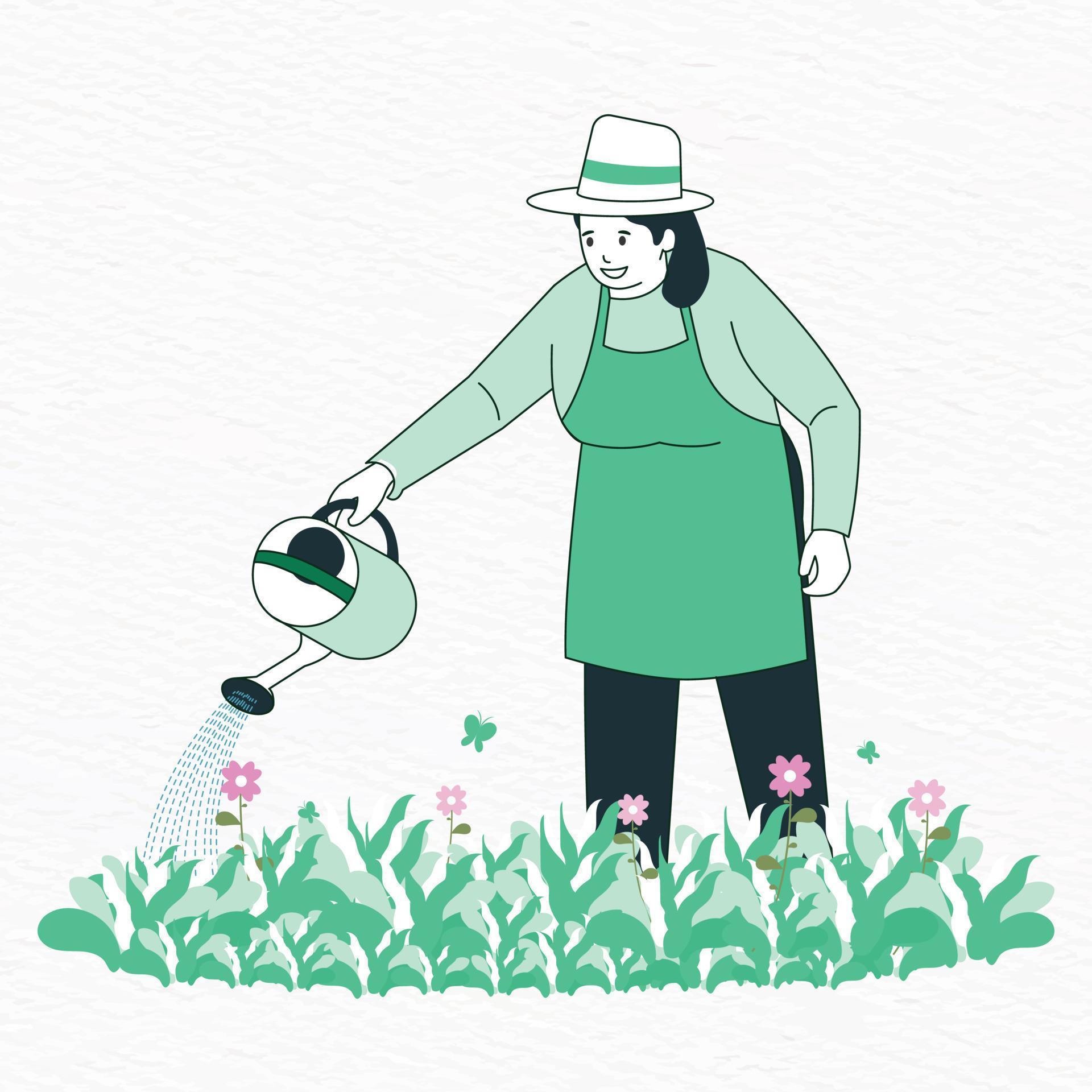 Modern illustration of a woman in a hat and apron watering flower garden Stock Free