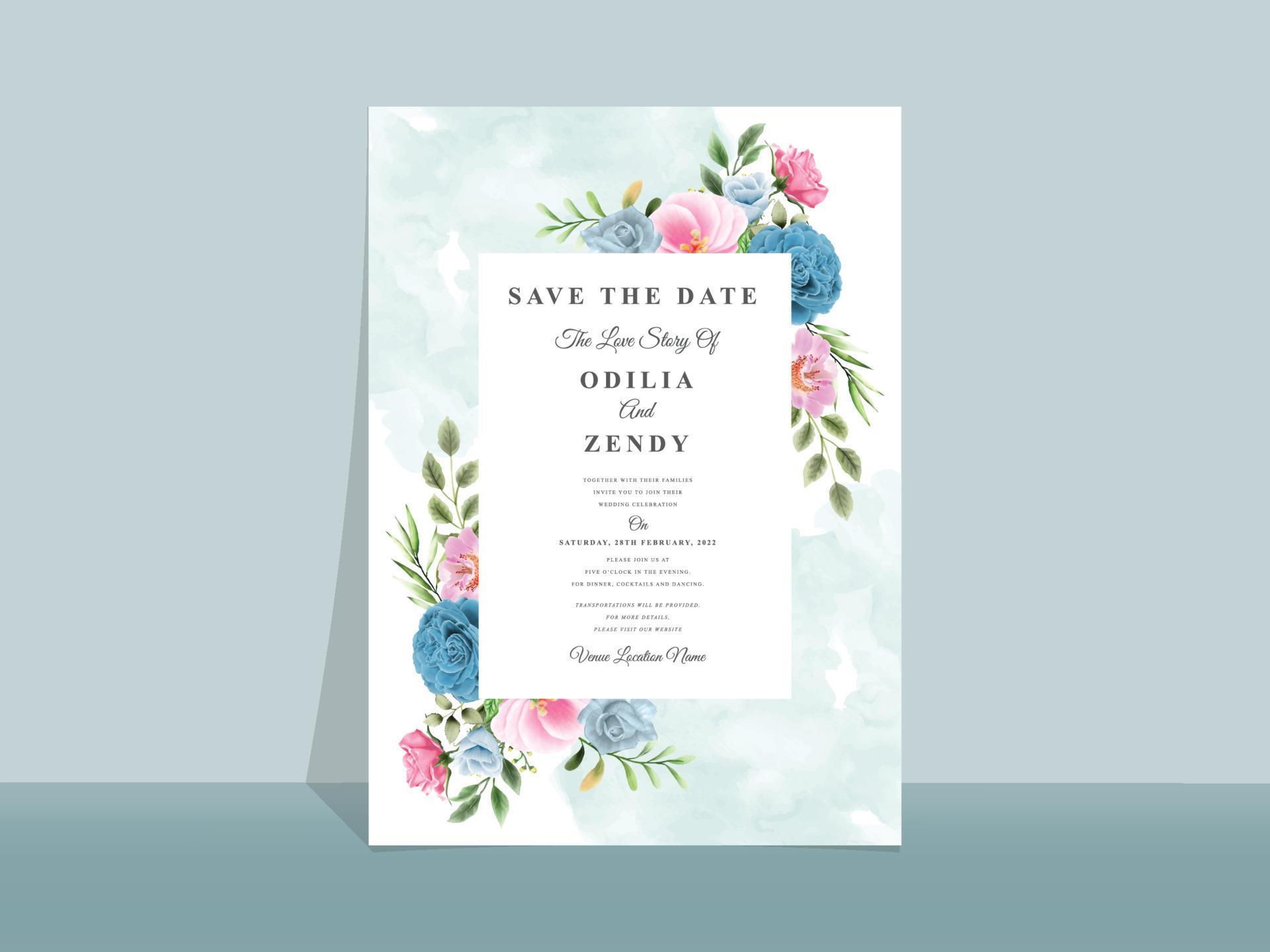 Beautiful blue and pink flowers wedding invitation card Stock Free