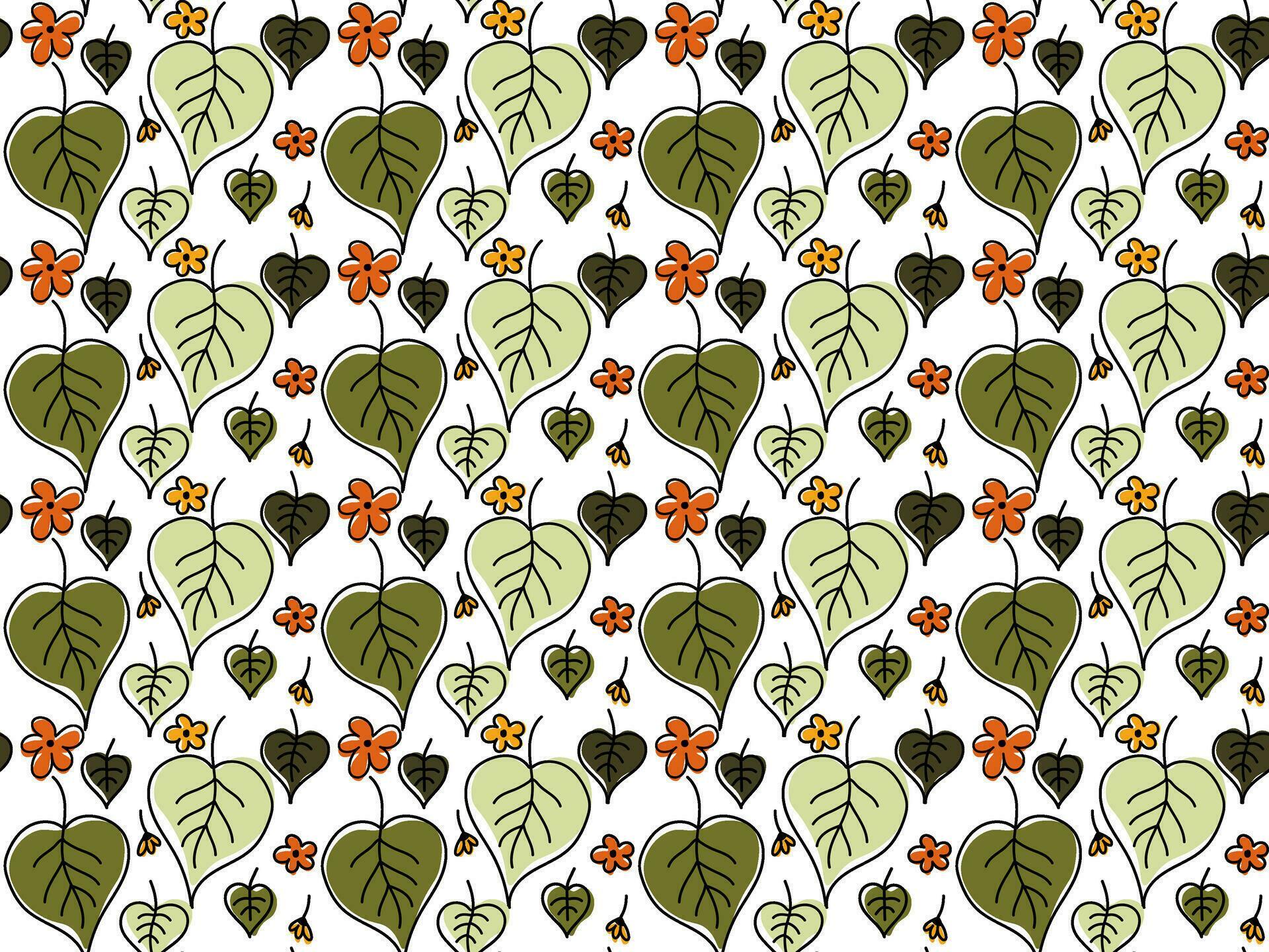 Seamless doodle pattern of green leaves and yellow and orange flowers,meadow,flower bed,chamomile Stock Free