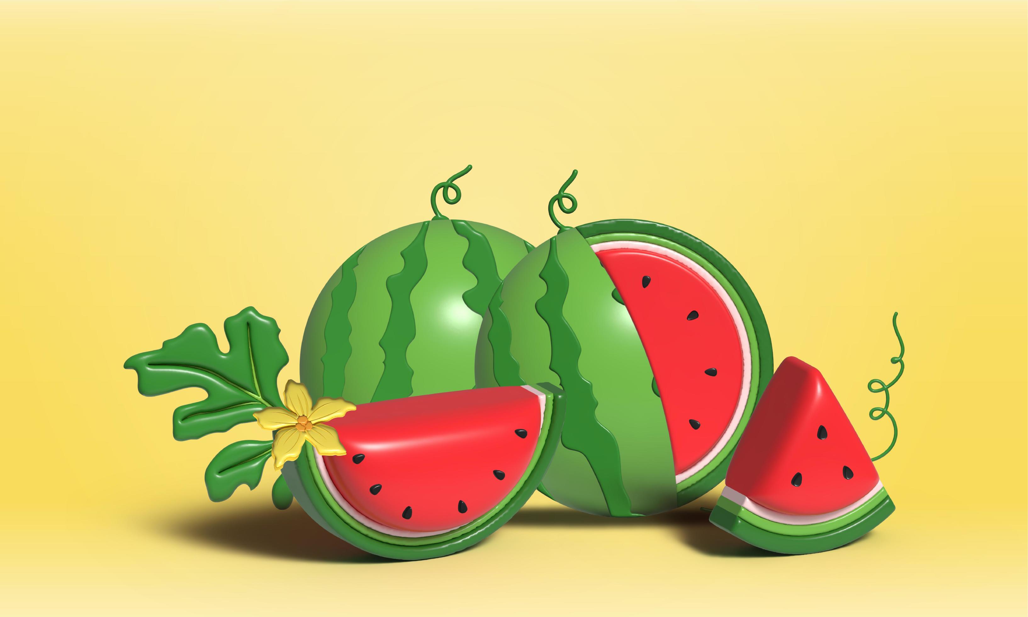 3D Watermelon and juicy slices banner, 3D illustration of watermelon juice, Fresh and juicy fruit concept of summer food. Stock Free