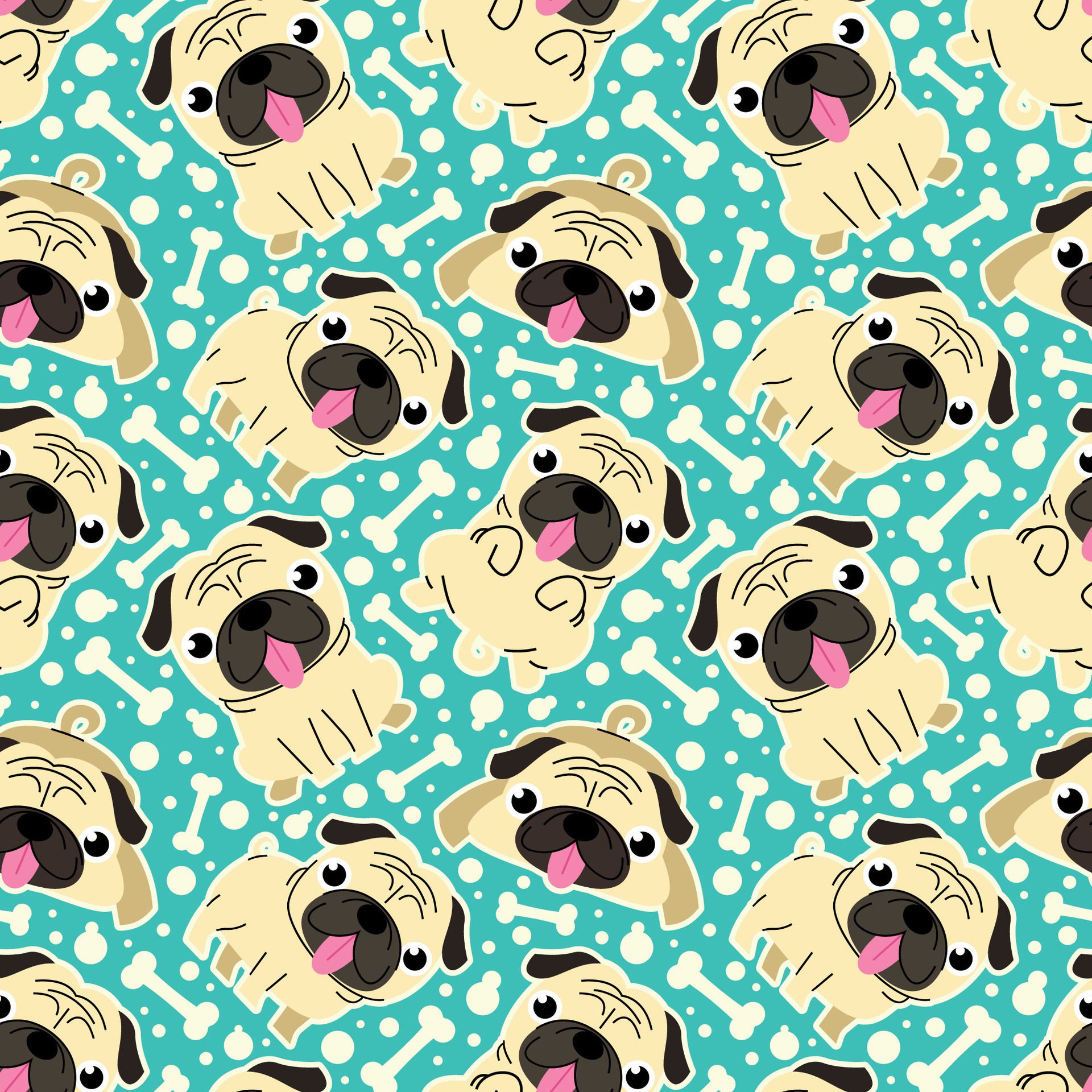 CUTE PUG DOG AND BONES IN SEAMLESS PATTERN DESIGN Free Vector