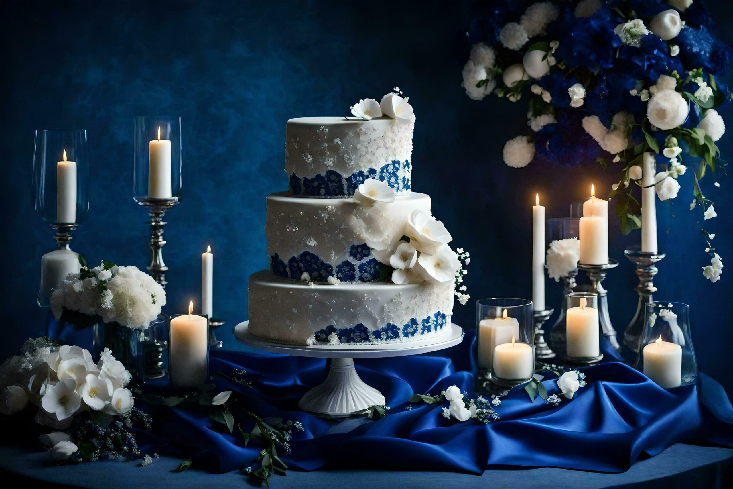 a wedding cake with blue and white flowers Free Photo