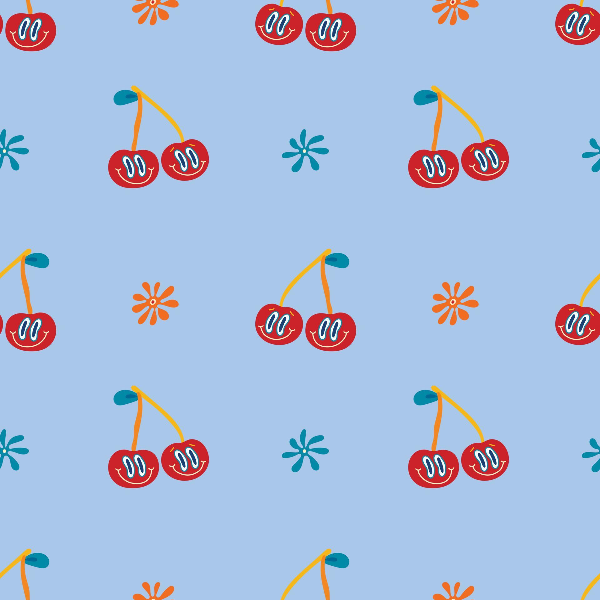 Psychedelic seamless patterns in retro 70s style, groovy hippie backgrounds. Teen funky print with crazy cherries and hippie-style flowers. Stock Free