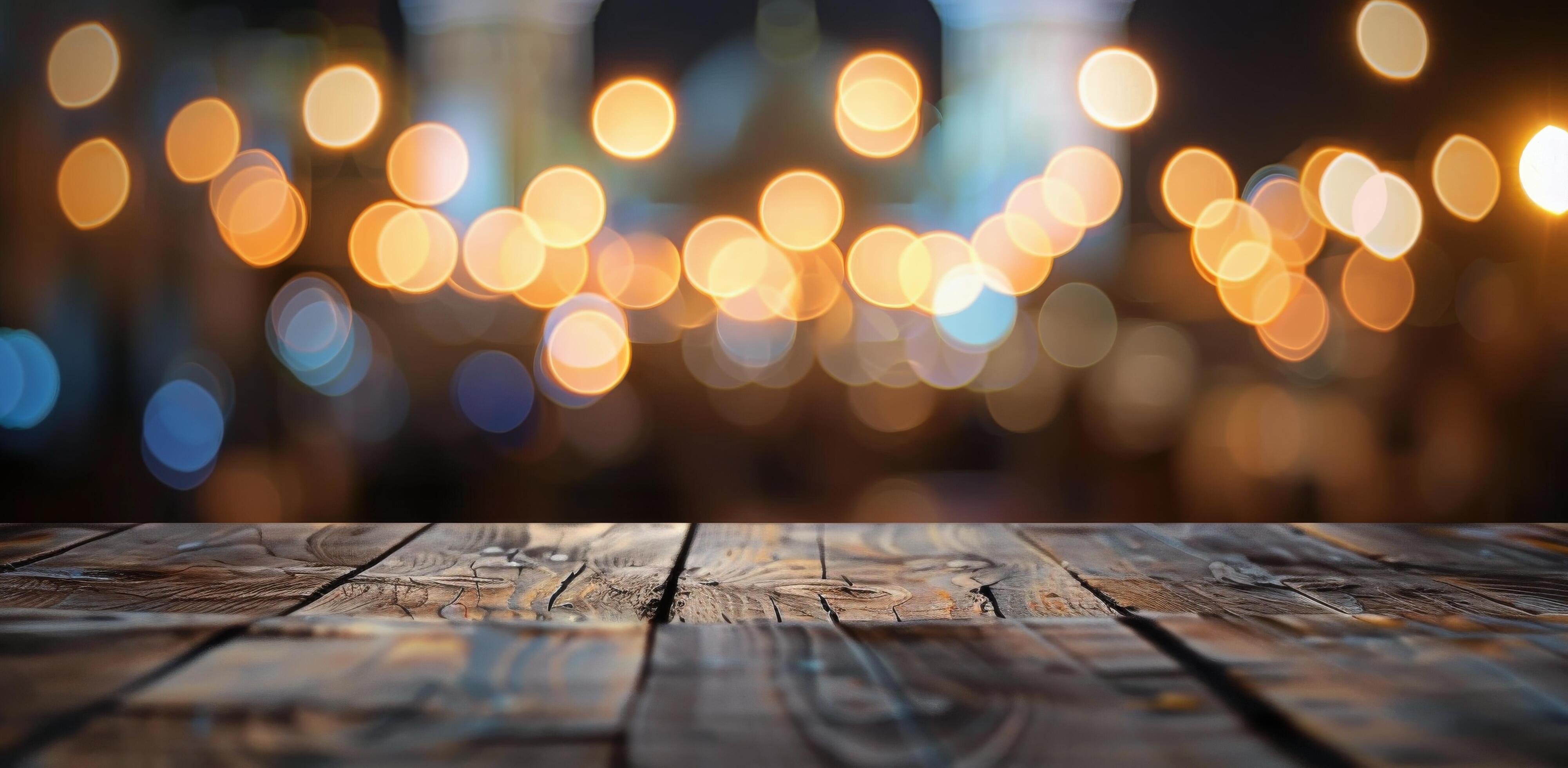 Wooden Table With Bokeh Background at Sunset in Urban Setting Stock Free