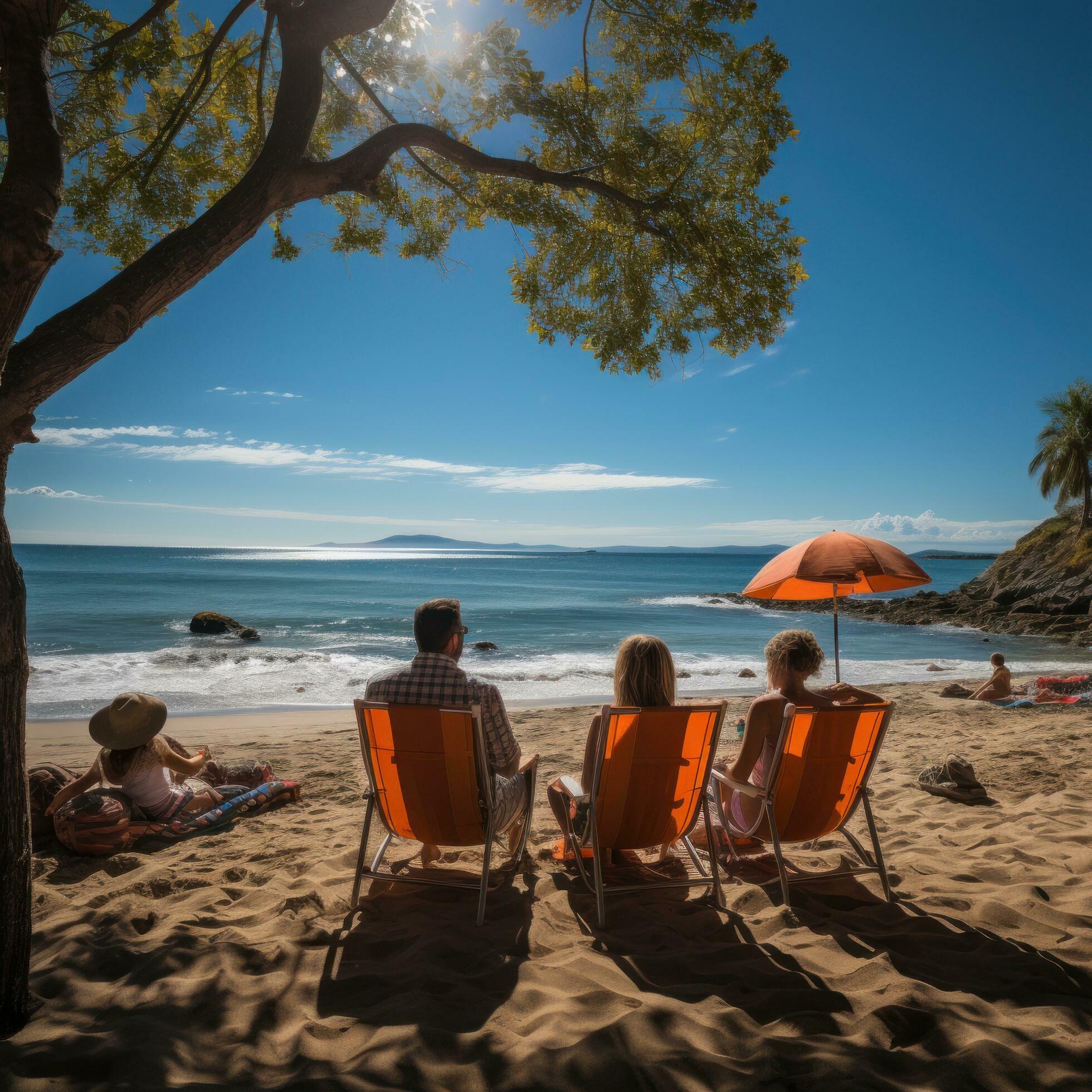 Relaxed family lounging on beach chairs and enjoying the view Stock Free