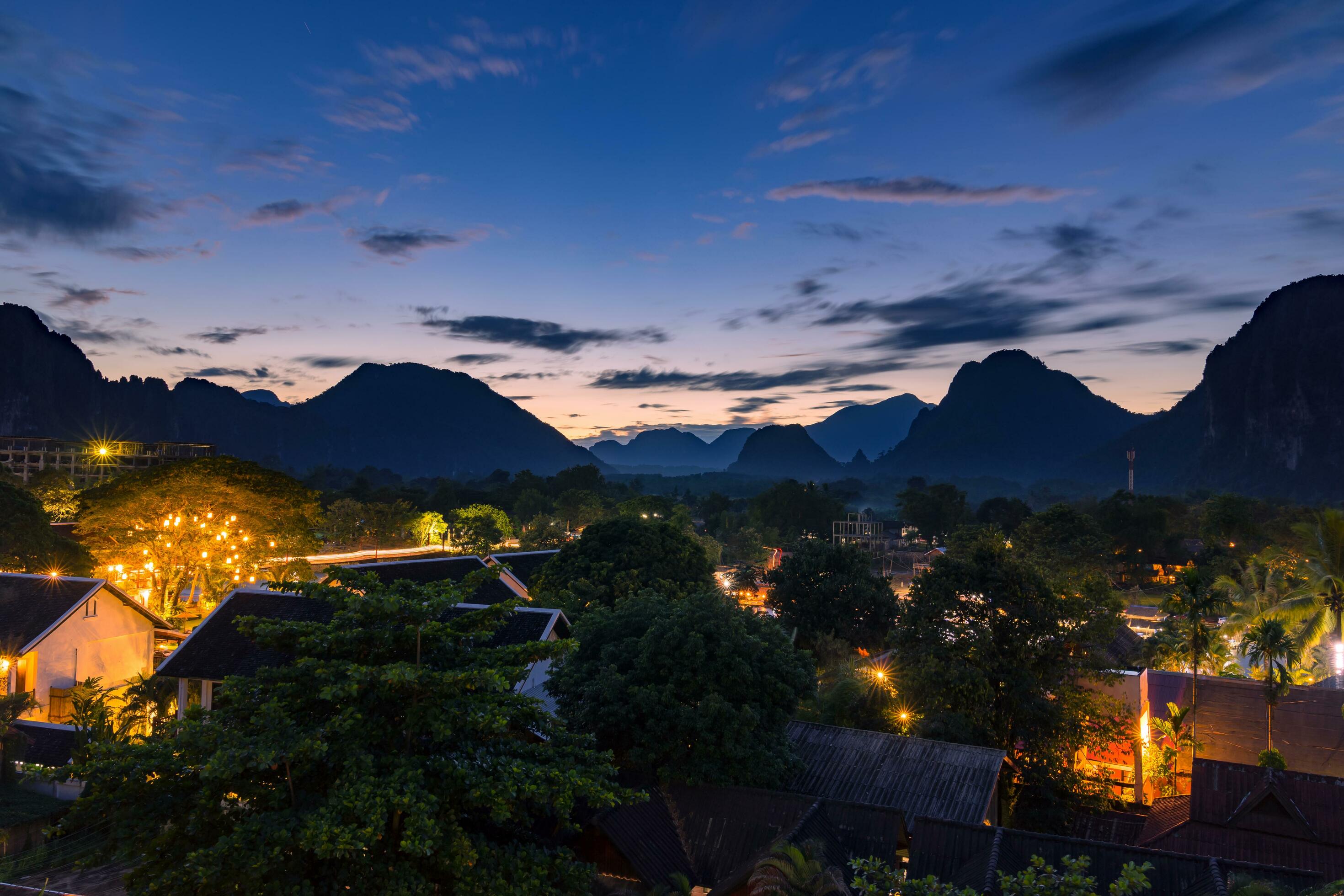 Viewpoint and beautiful Landscape in sunset at Vang Vieng, Laos. Stock Free