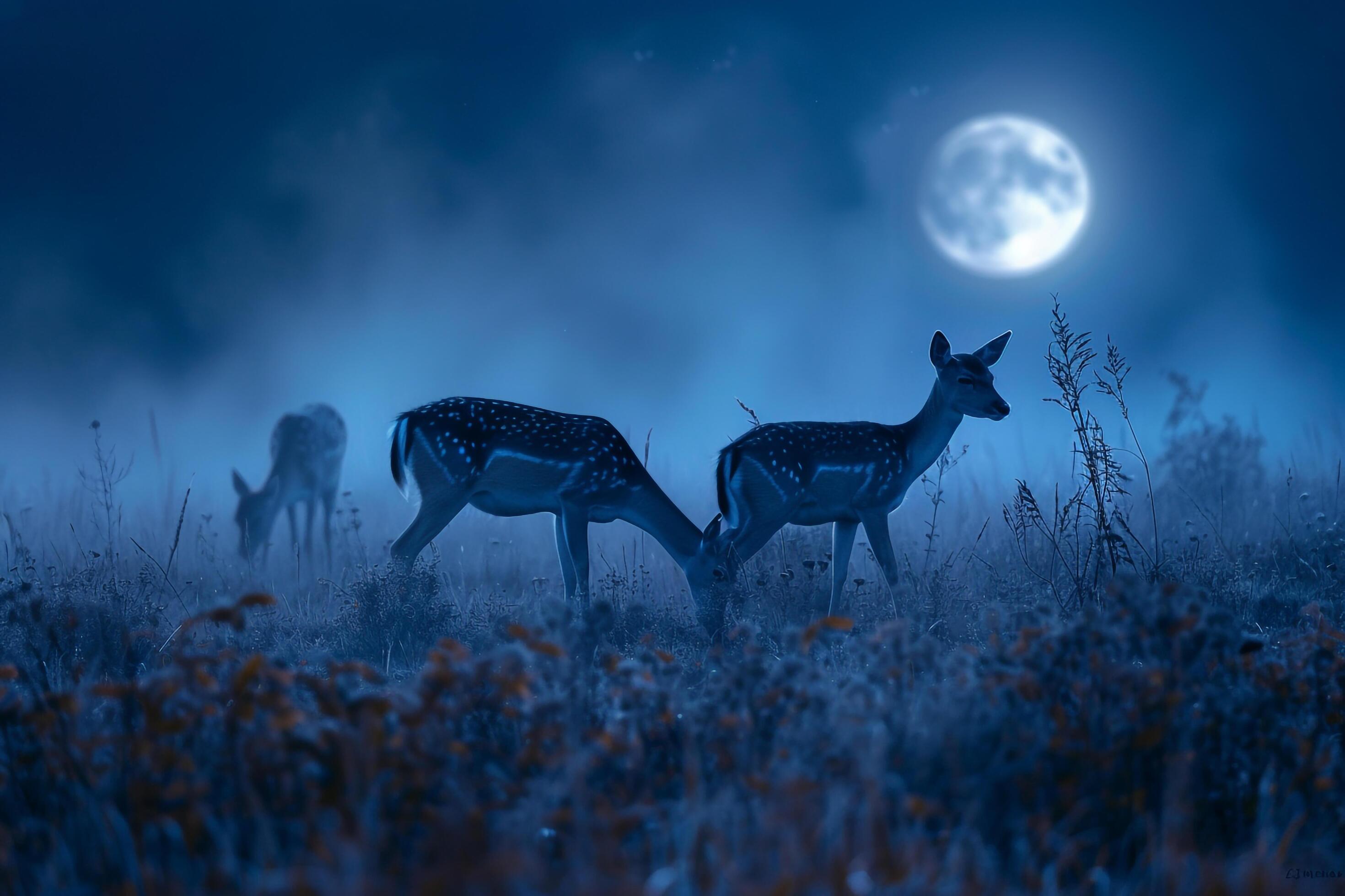 Moonlight Filtering Through Mist. Casting a Silver Glow on a Family of Deer Grazing in a Meadow Nature Background Stock Free