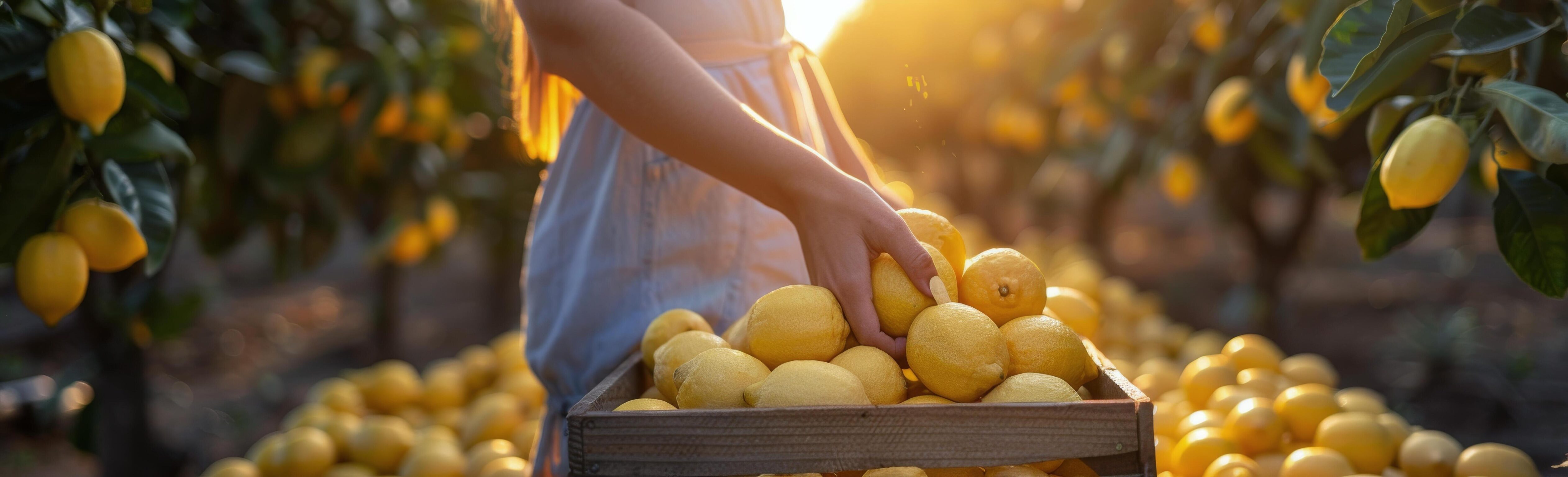 Woman Harvesting Ripe Lemons in a Sunny Orchard at Sunset Stock Free