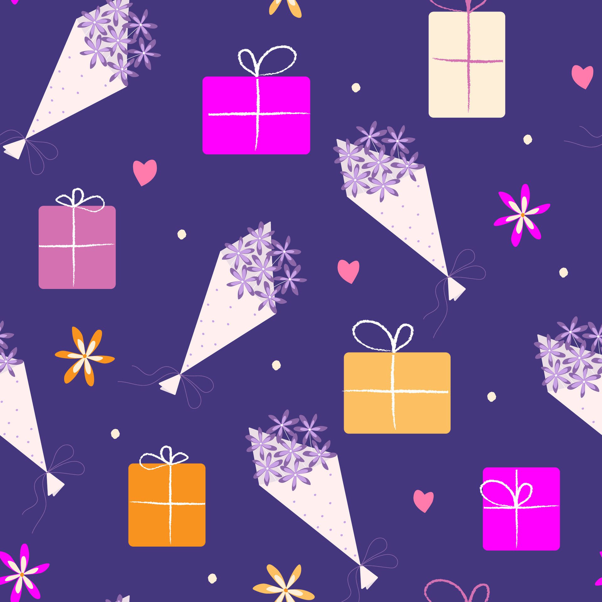 Seamless pattern with gifts decorated with boxes, flowers, bouquets on a background of hearts, dots. Festive abstract print. Free Vector