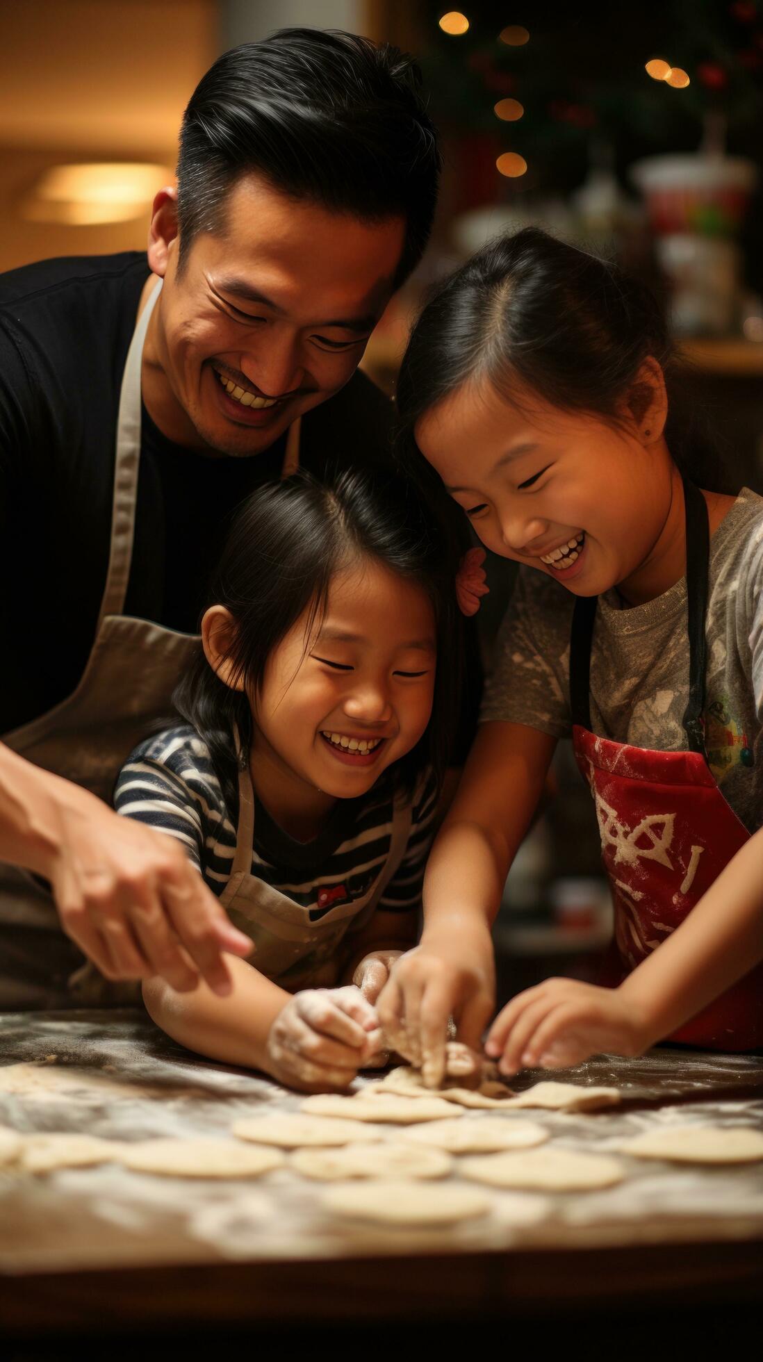 Family bonding over rolling out dough and using cookie cutters Stock Free