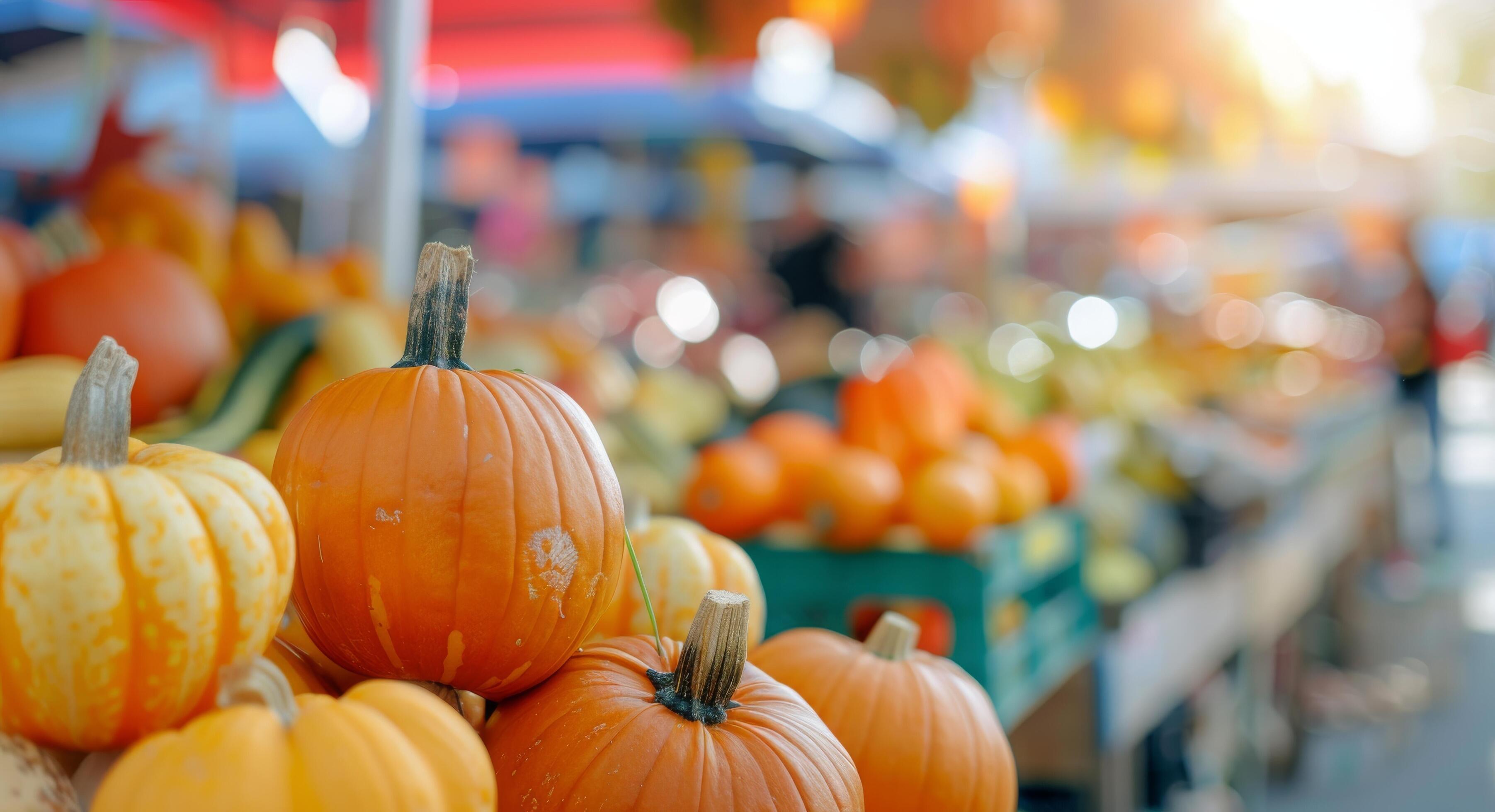 Fresh Pumpkins for Sale at a Vibrant Autumn Farmers Market During Sunset Stock Free