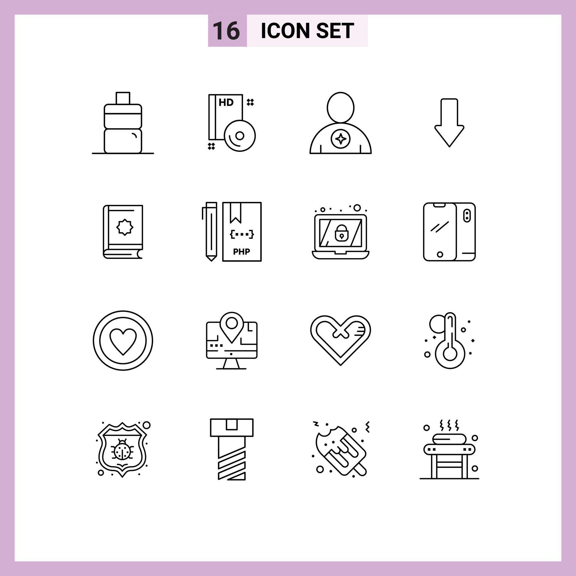 16 Universal Outlines Set for Web and Mobile Applications book download body down arrow Editable Vector Design Elements Stock Free